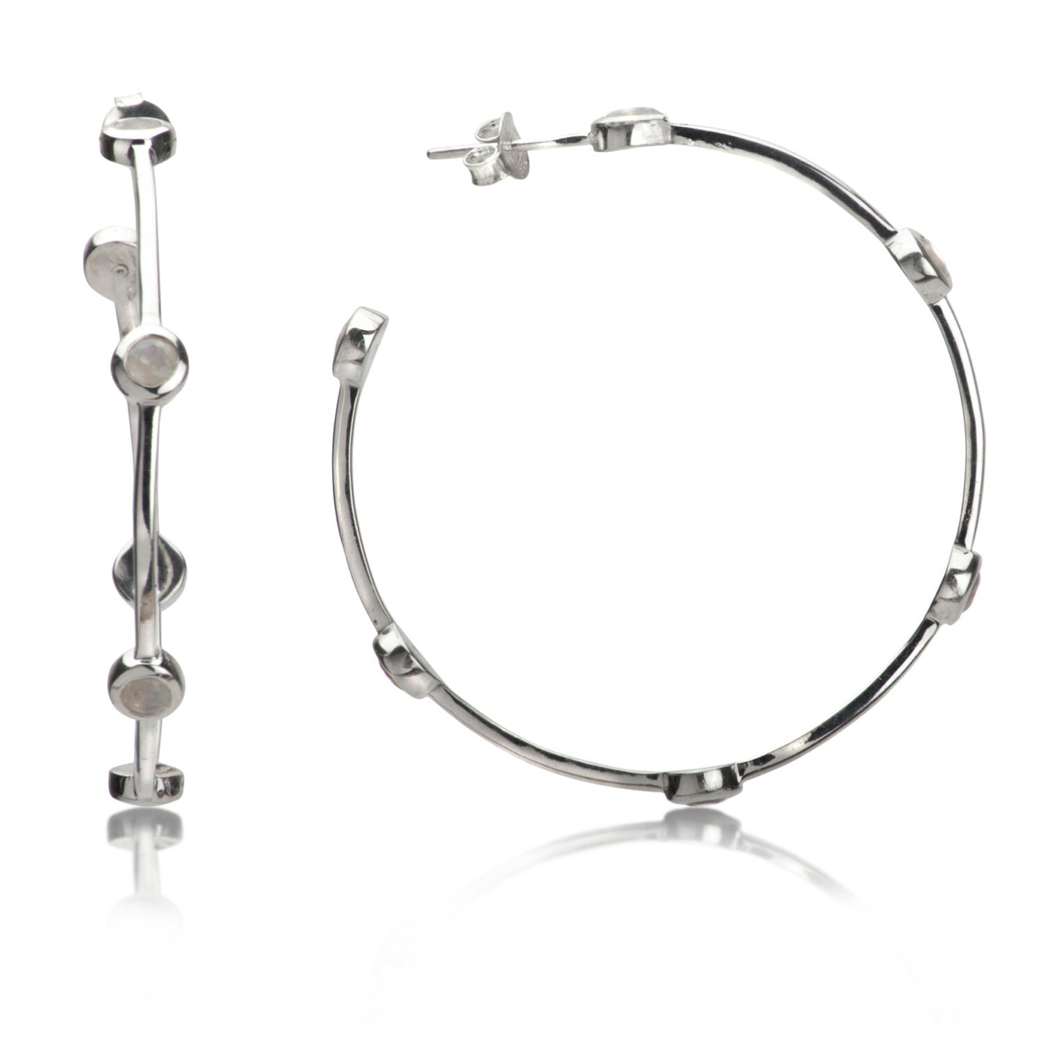 The Jewellery Store London Women's White / Silver Open Hoop Earrings With Moonstones In Sterling Silver