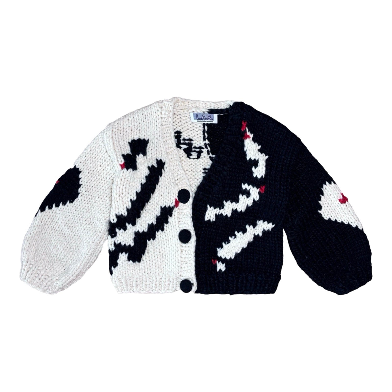 London Atelier Byproduct Women's Neutrals / Black / Red Asymmetrical Geometric Motif Chunky Knit Cardigan In Black/red