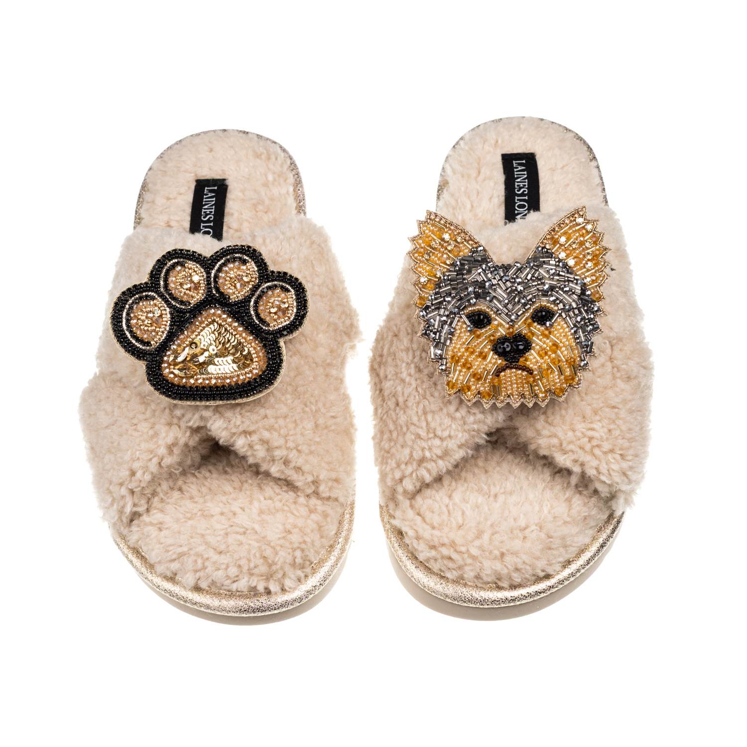 Laines London Women's Brown / Neutrals Laines Neutral Boucle Slippers With Minnie The Yorkie & Paw Brooches - Oatm