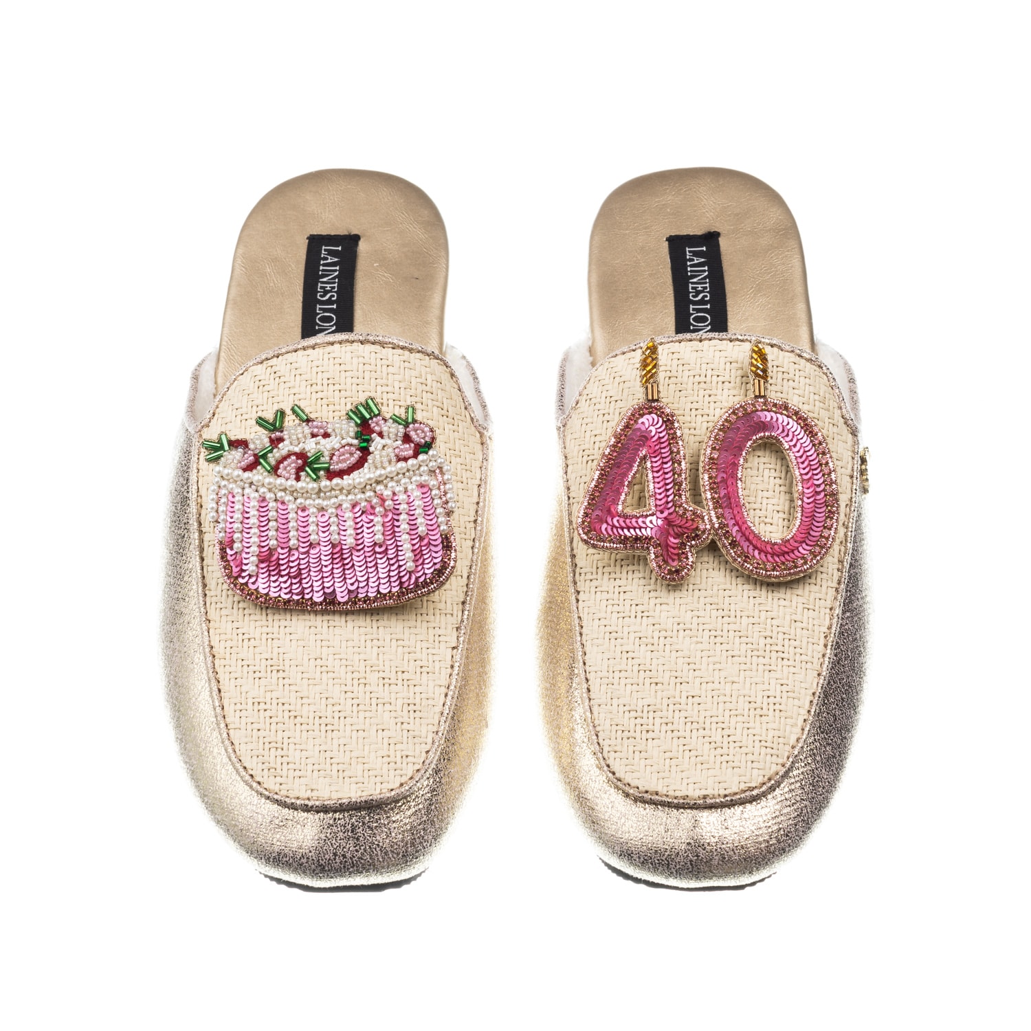 Laines London Women's Gold / Neutrals Classic Mules With 40th Birthday & Cake Brooches - Cream & Gold In Gold