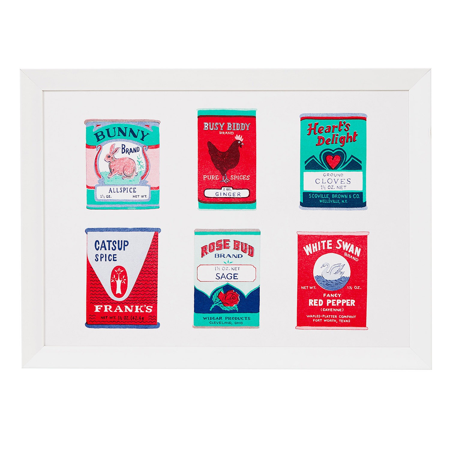 Rosa & Clara Designs Green / Blue / Red Vintage Spice Tins Risograph Print In Multi