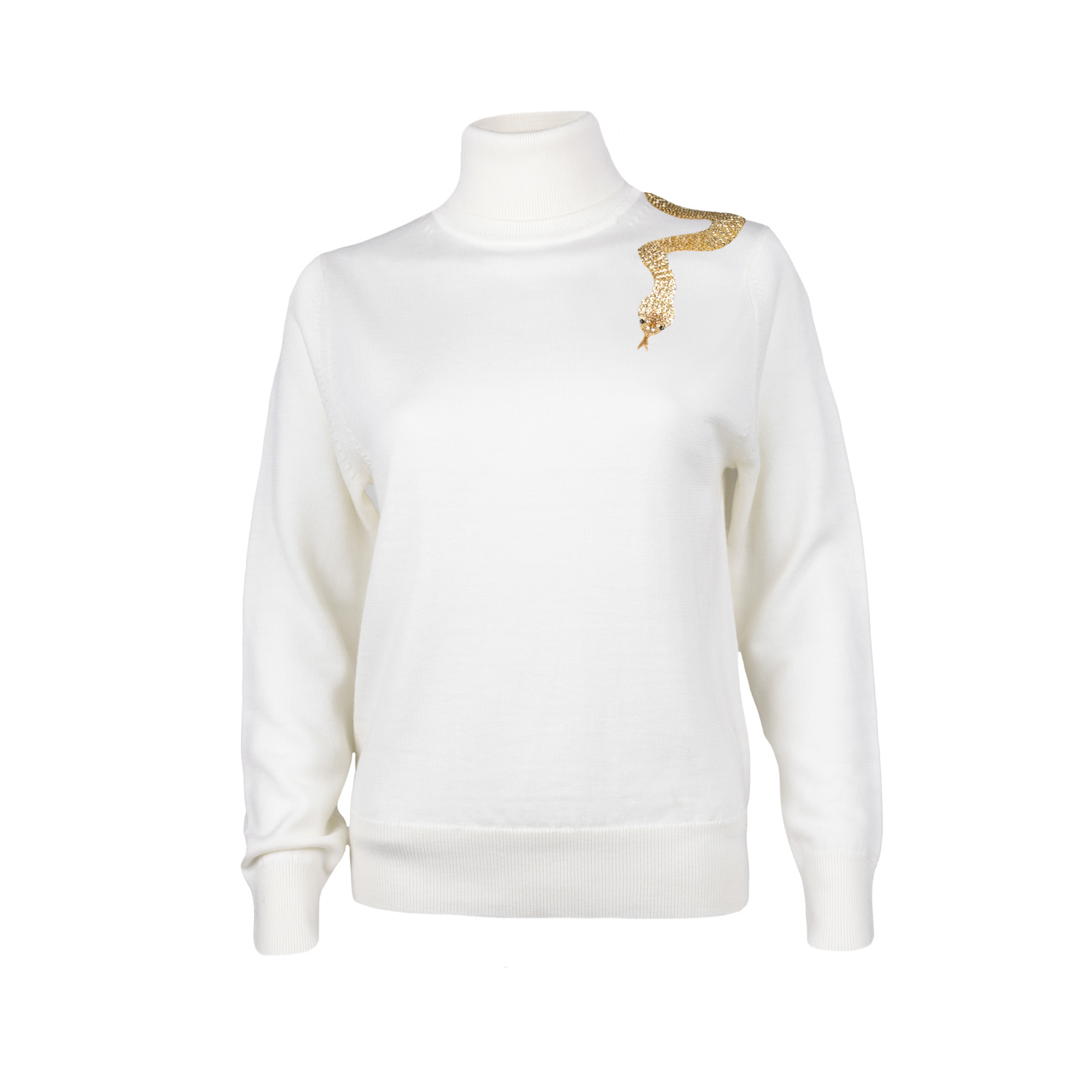 Laines London Women's Gold / White / Neutrals Laines Couture Embellished Gold Shoulder Snake Knitted Roll Neck Jum In White