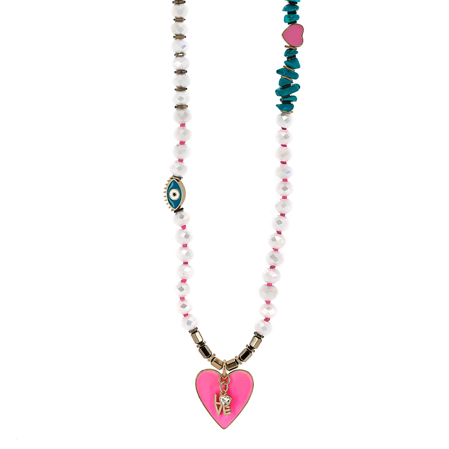 Women’s Gold / White Pink Heart Eternal Love White Beaded Necklace - Pink Ebru Jewelry