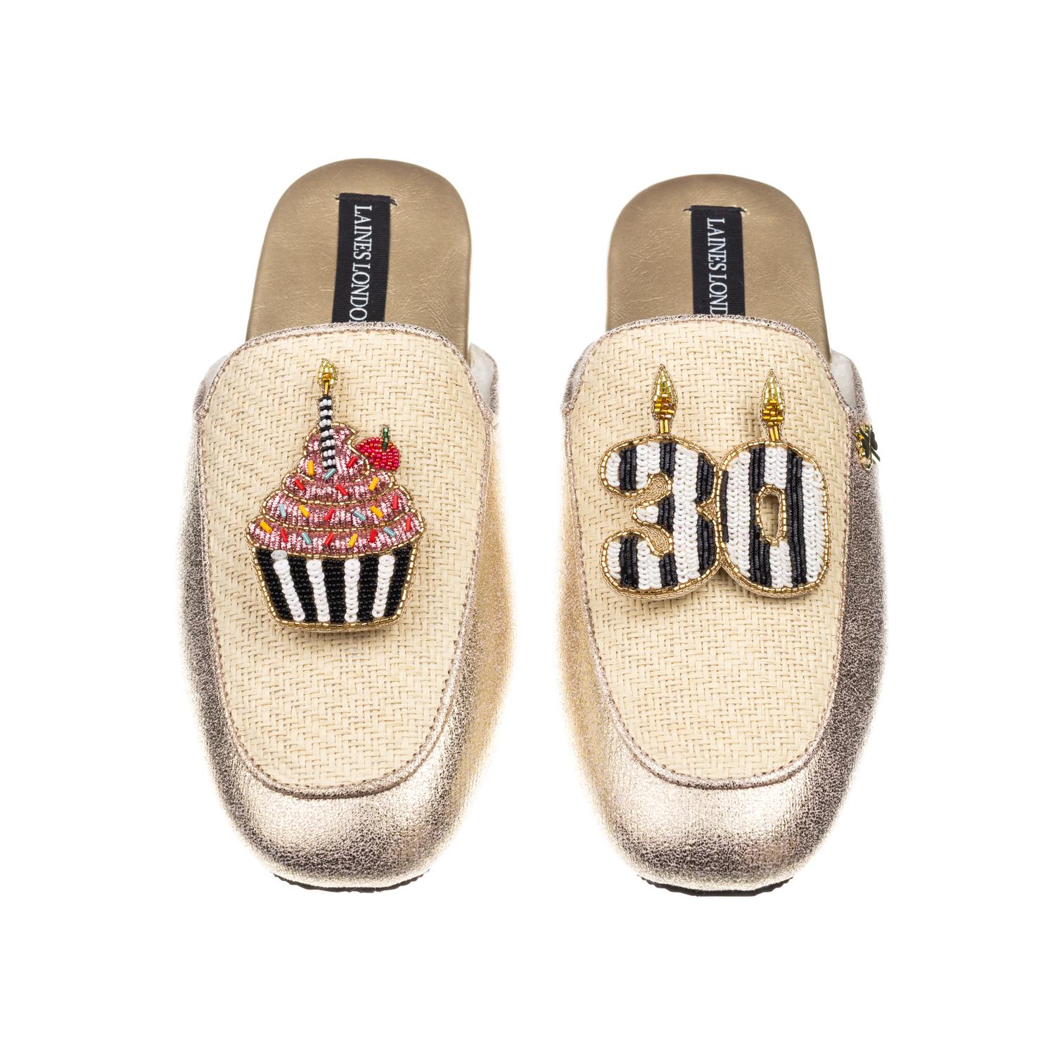 Laines London Women's Gold / Neutrals Classic Mules With Stripe 30th Birthday & Cake Brooches - Cream & Gold In Gold