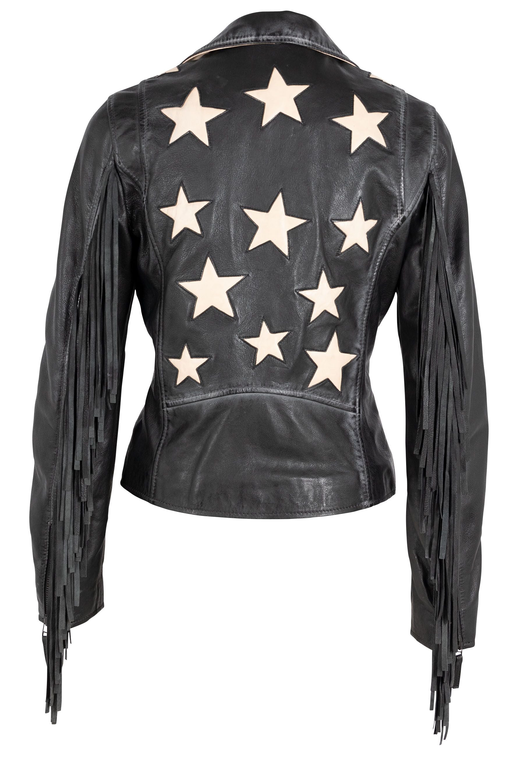 Women’s Crissy Star & Fringe Detail Leather Jacket, Black Small Mauritius