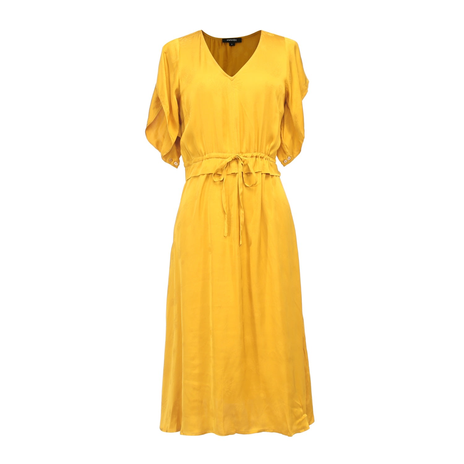 Smart And Joy Women's Gold V-neckline Midi Dress With Drawstring Belt In Gold