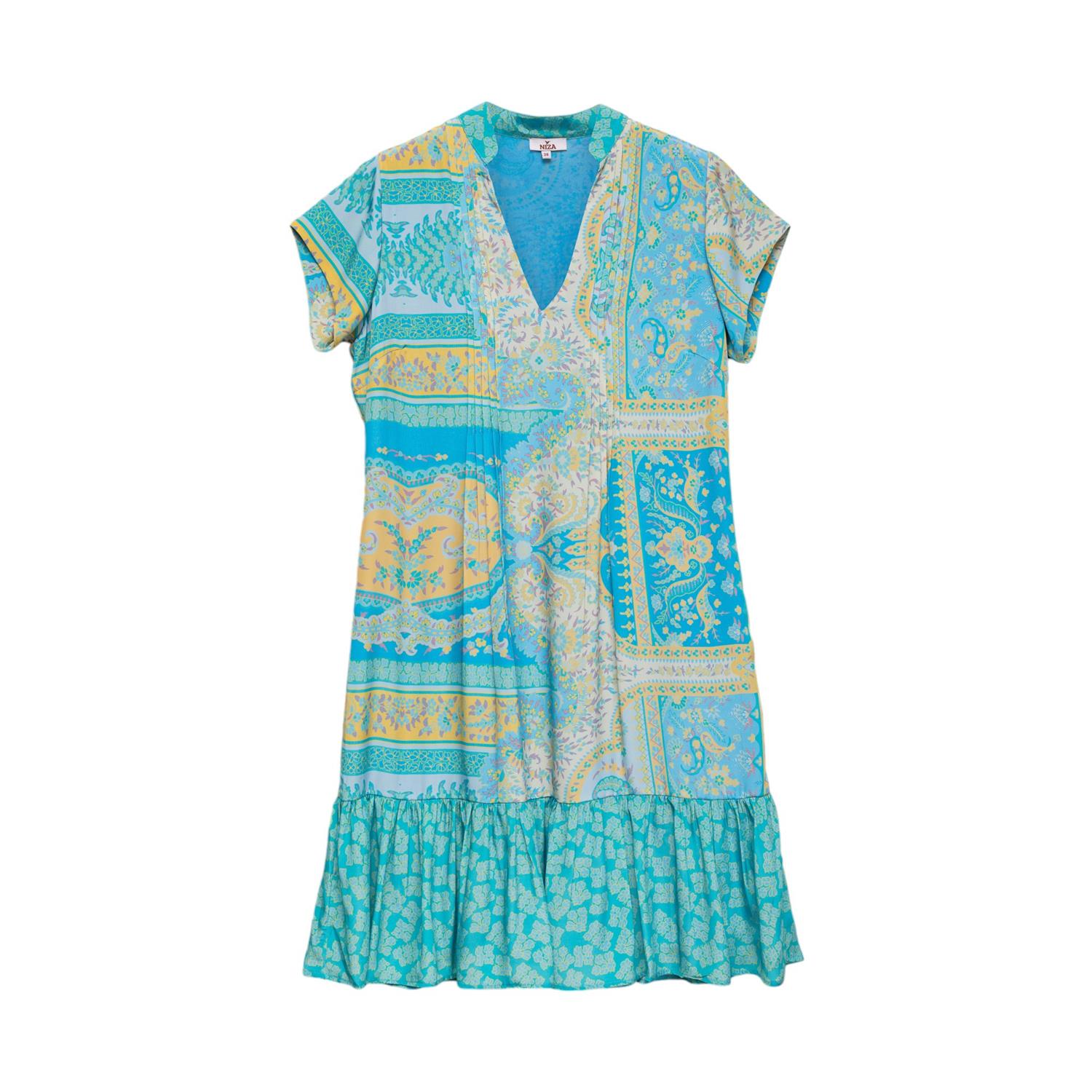 Niza Women's Short Dress With Ruffle And Combined Prints Blue In Blue