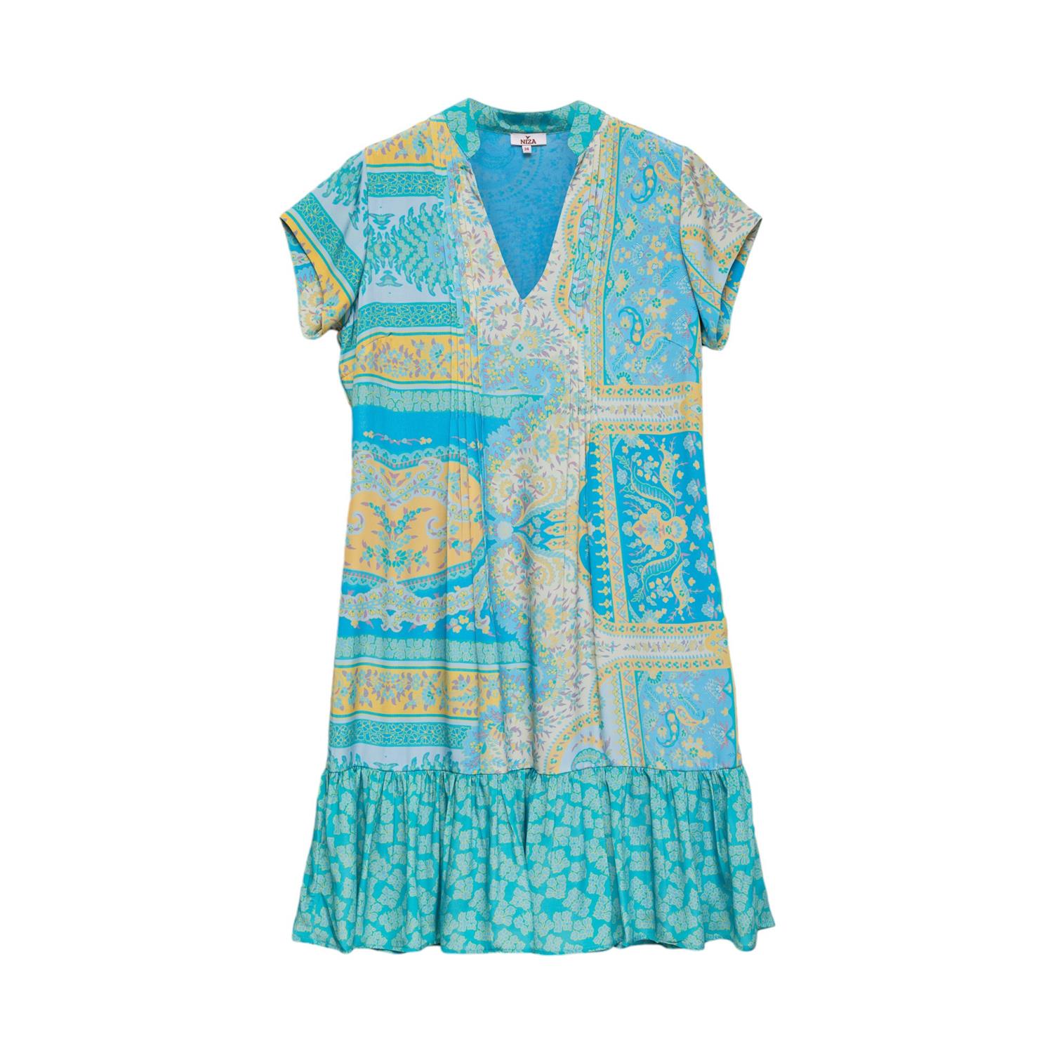 Women’s Short Dress With Ruffle And Combined Prints Blue Small Niza