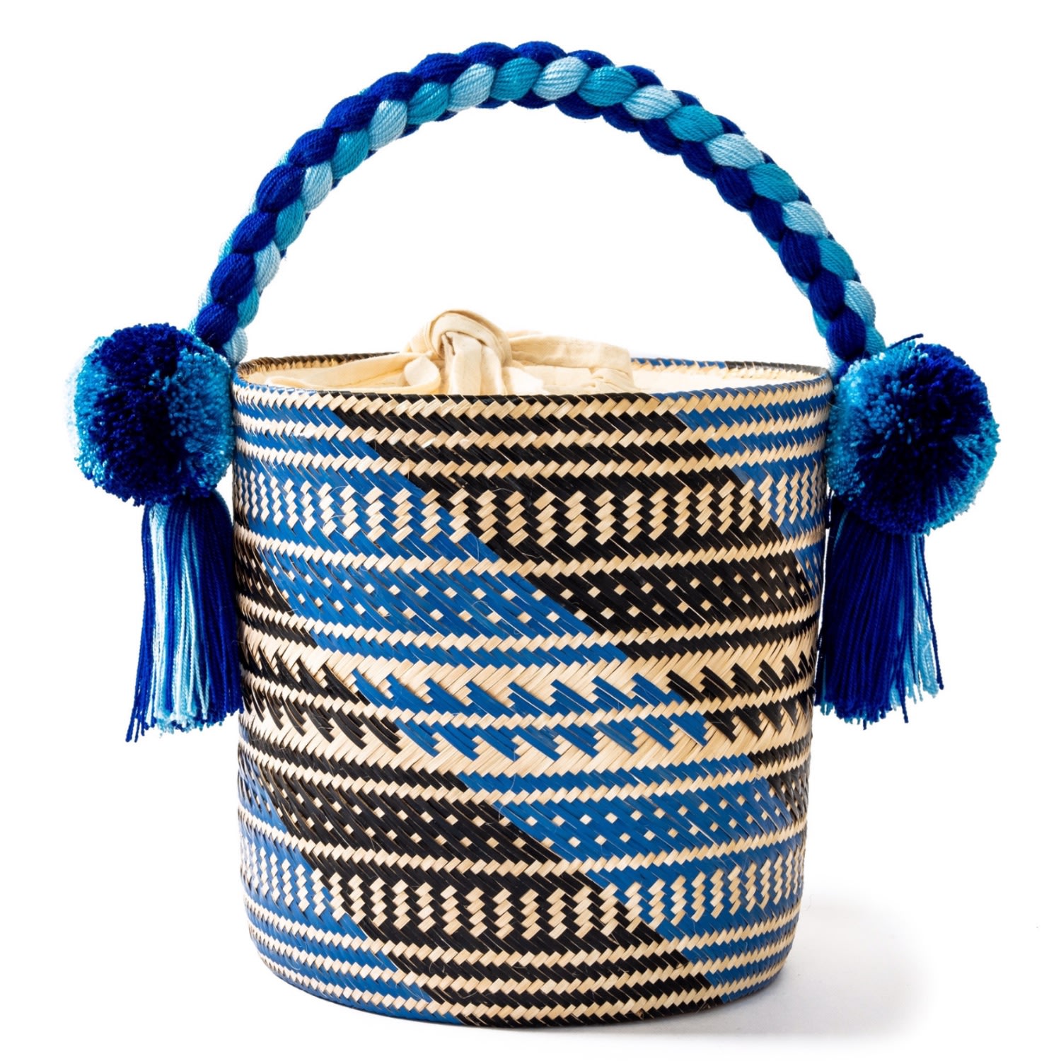 Women’s Small Blue Wave Woven Straw Bucket Bag Washein