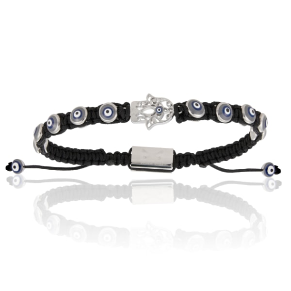 Men’s Silver Hamsa Hand With Black Polyester Bracelet Unisex Double Bone Bracelets