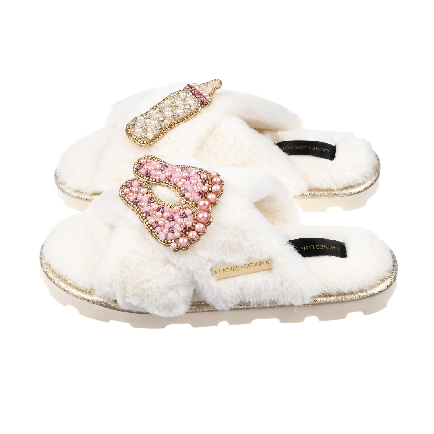 Women’s White Ultralight Chic Laines Slipper Sliders With New Baby Girl Brooches - Cream Large Laines London