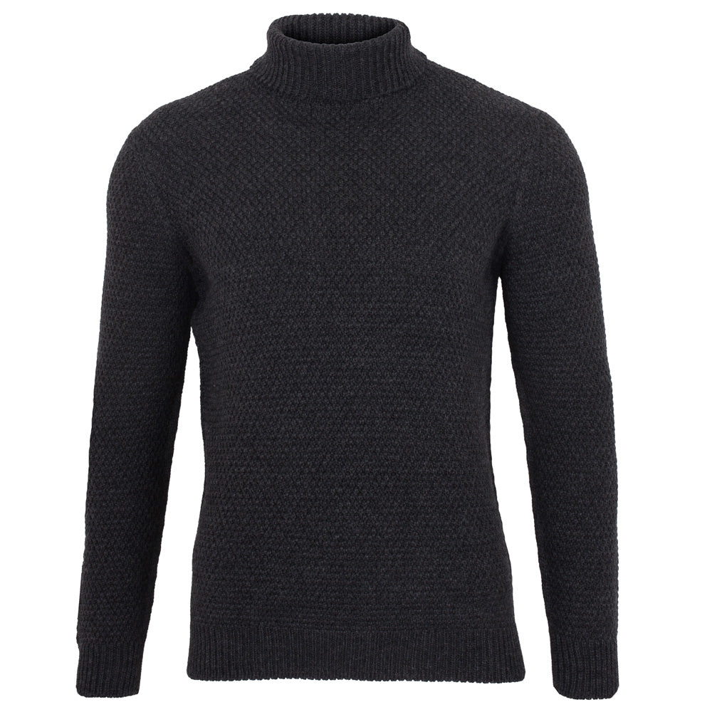 Grey Mens Merino Wool Hartridge Fishermans Roll Neck Moss Stitch Jumper - Charcoal Medium Paul James Knitwear