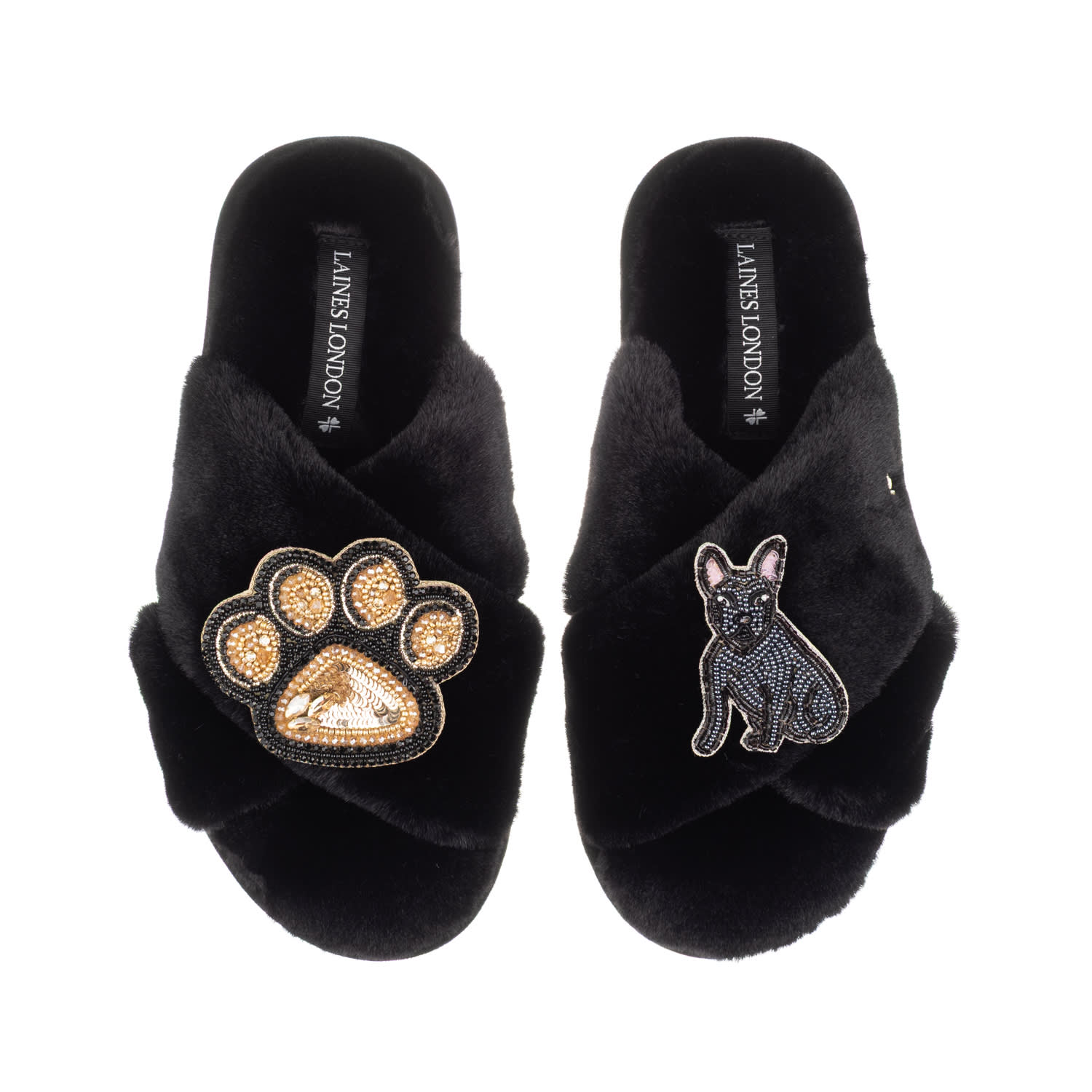 Laines London Women's Classic Laines Slippers With Paw & Black Sitting French Bulldog Brooches - Black In Black