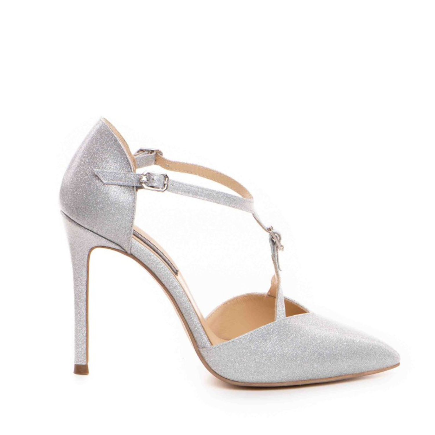 The 5th Element Women's Silver / White Freya T-strap Pumps In Silver Glitter Leather In Multi