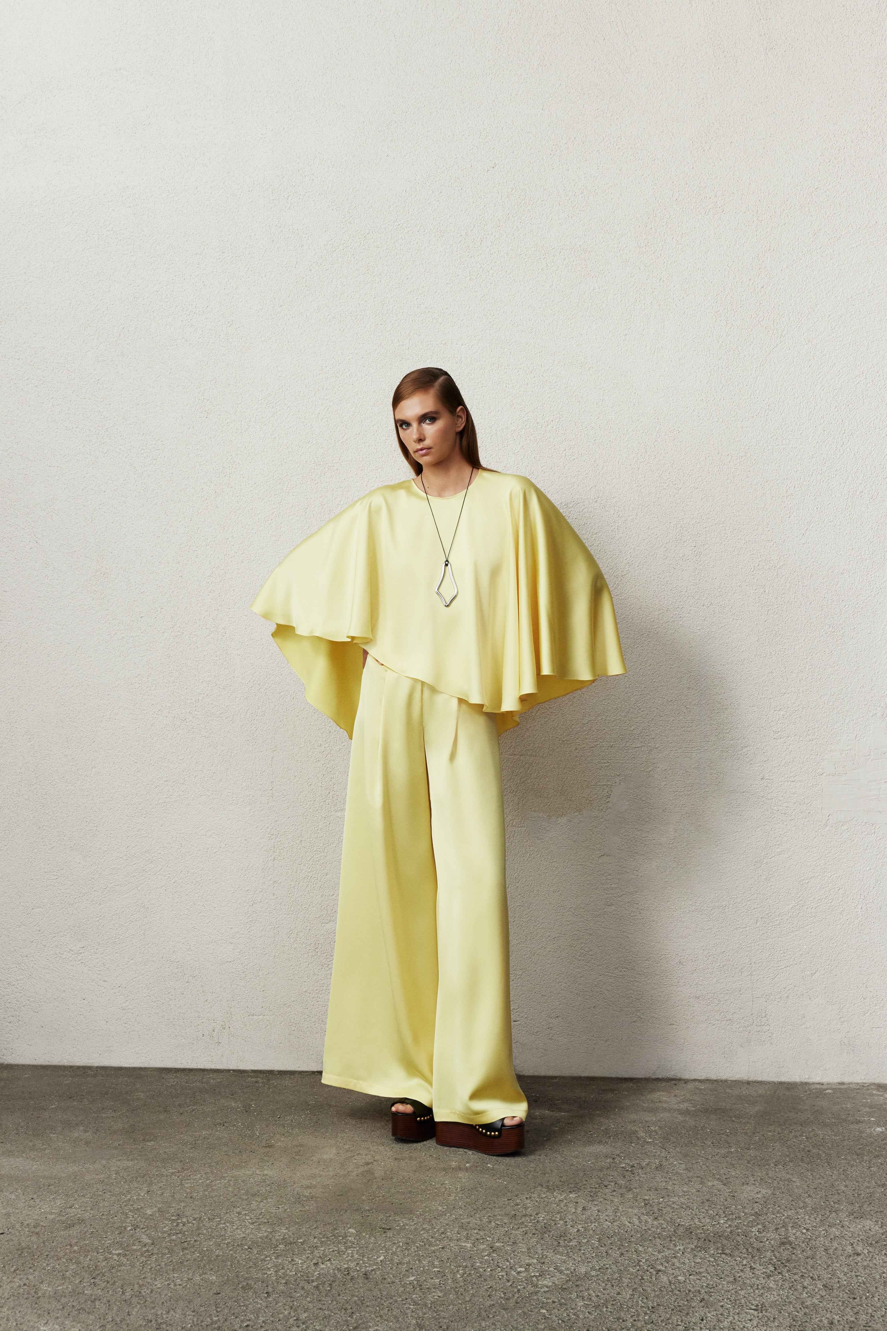 Viona Satin Cape In Lemon Zest | NAZLI CEREN | Wolf & Badger