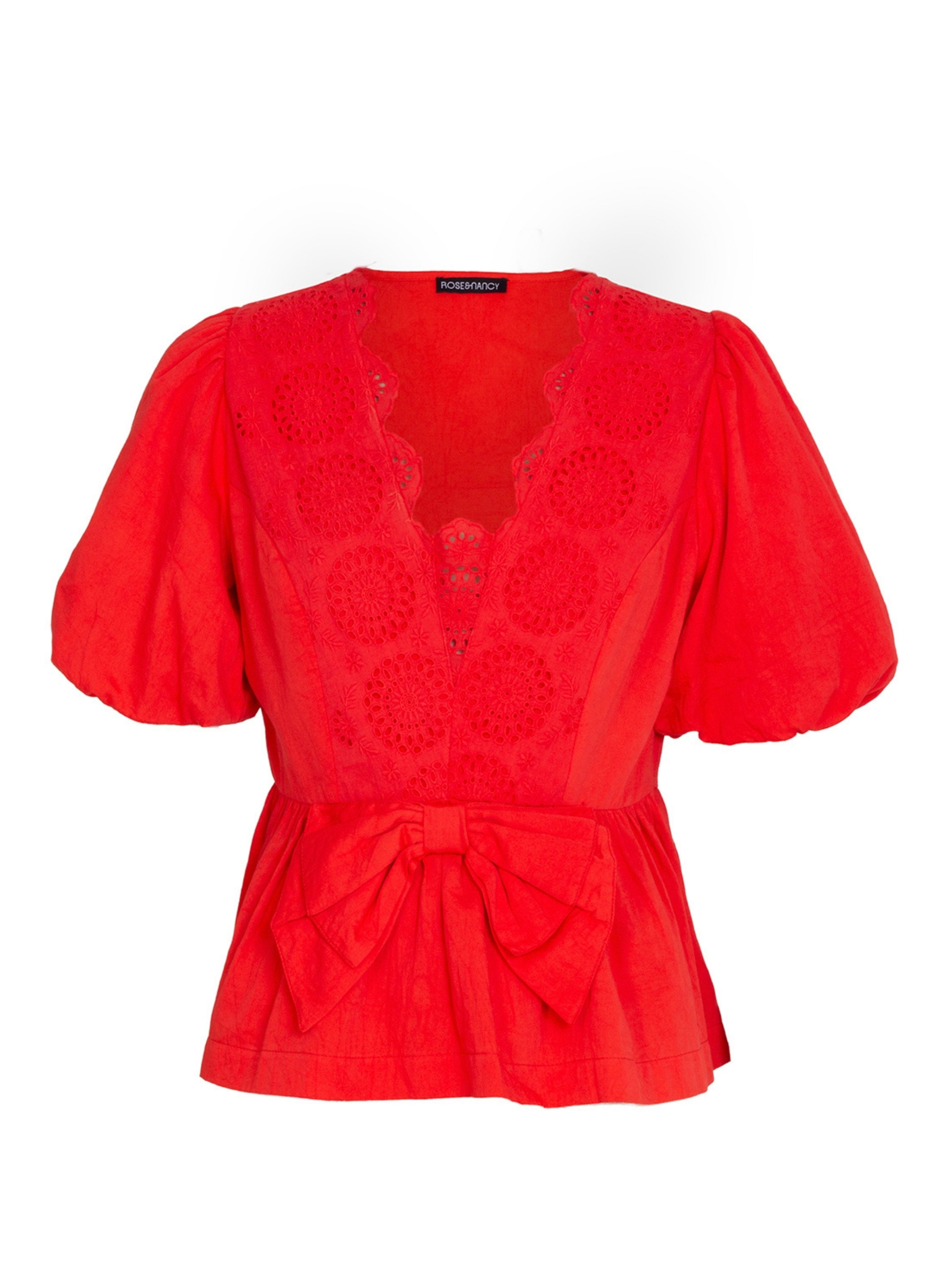 Rose & Nancy Women's Haillie Coral Red Lace Trim Bow Blouse