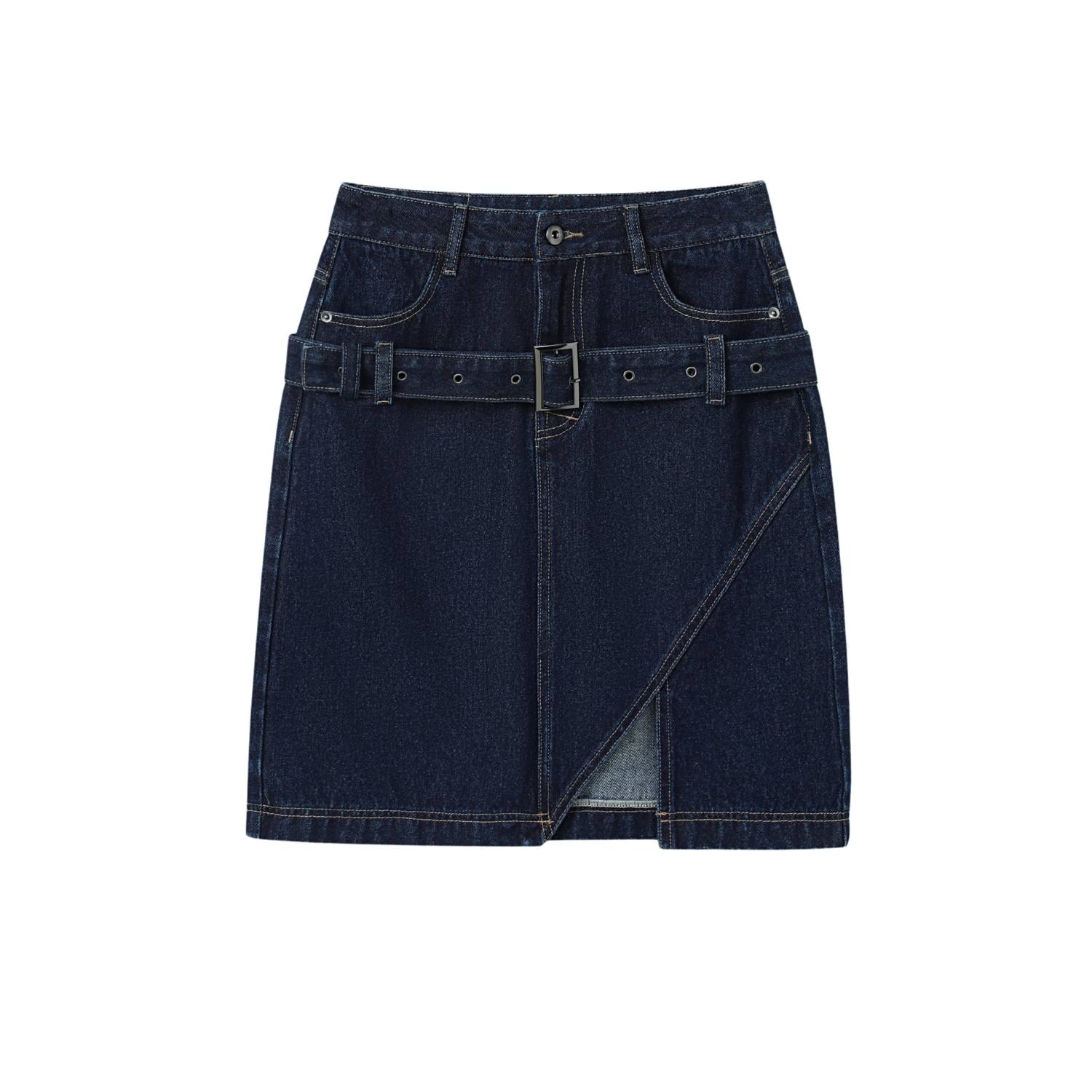 Urbanic Women's Blue / Black Straight Denim Skirt With Belt - Dark Blue