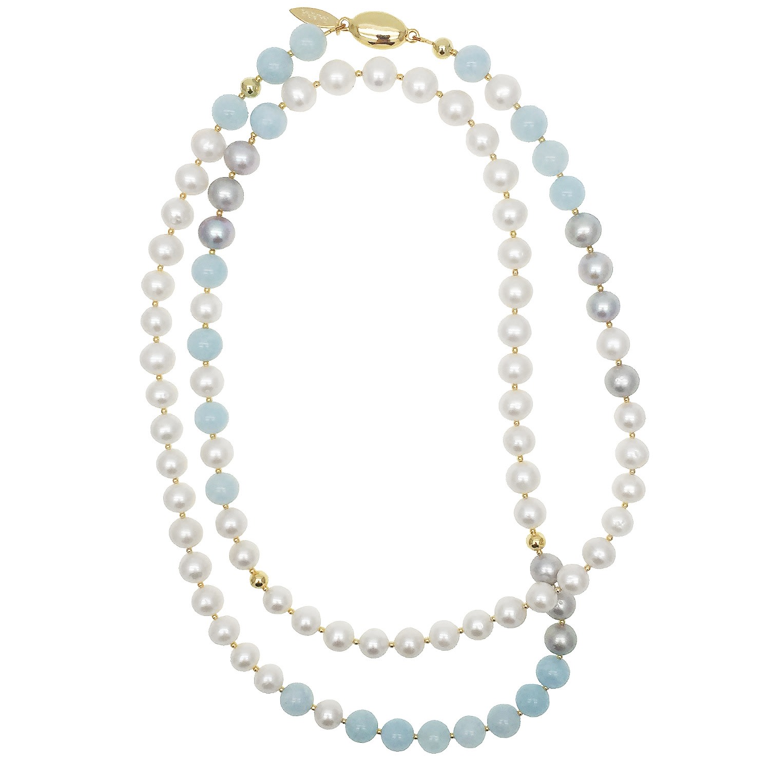 Farra Women's White Round Freshwater Pearls With Aquamarines Long Necklace