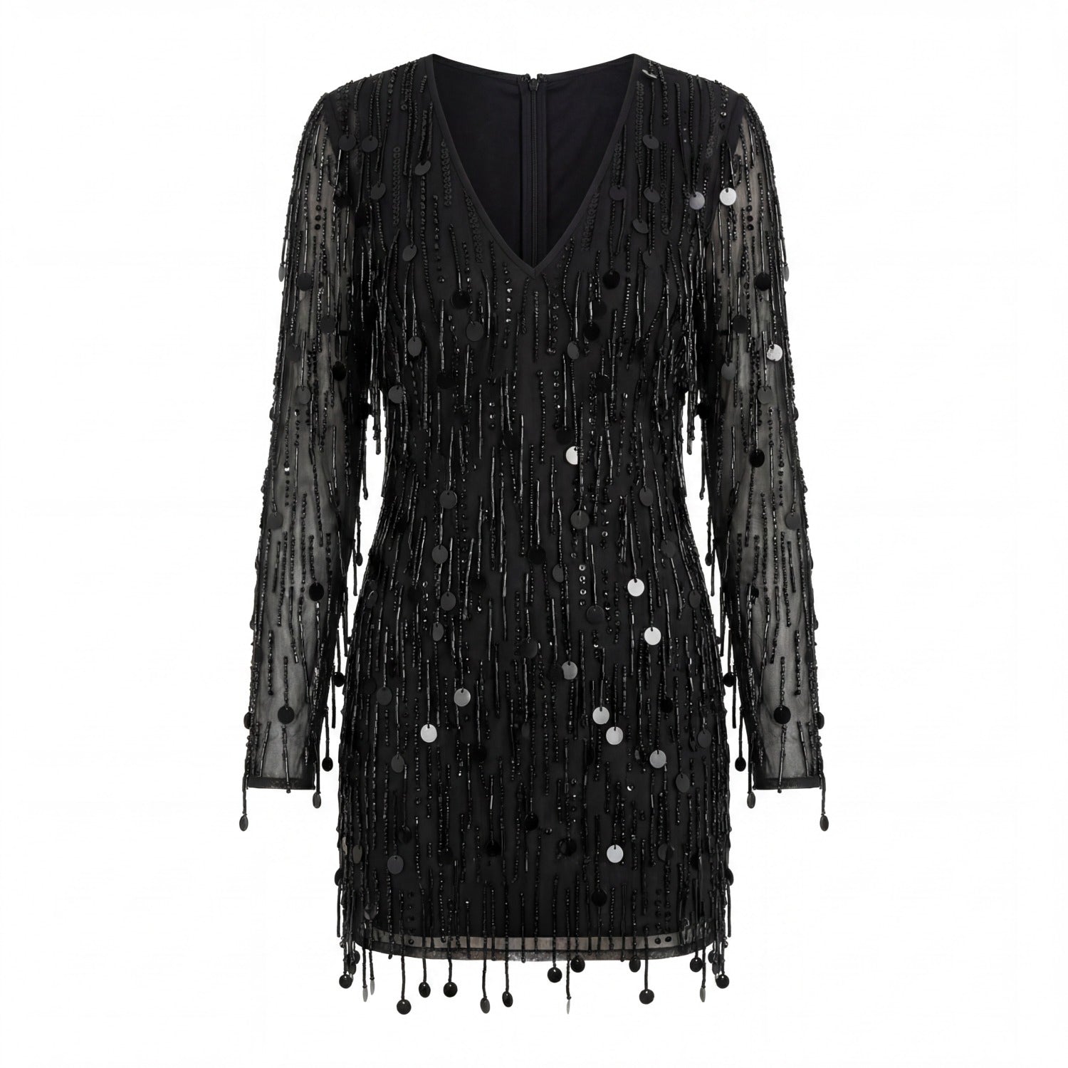 Long Sleeve Beaded Fringe V-Neck Mini Dress | Mac Duggal