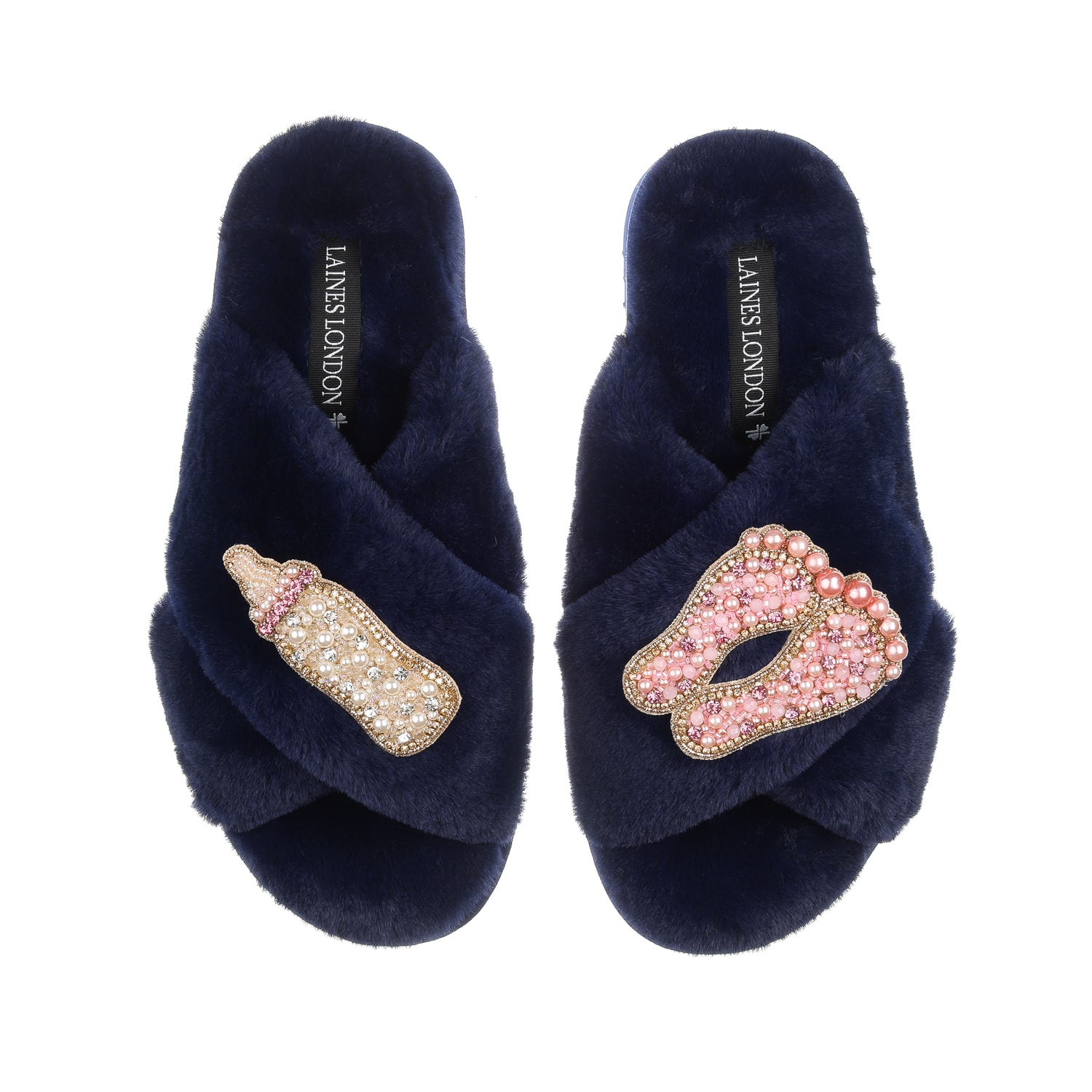 Laines London Women's Blue Classic Laines Slippers With New Baby Girl Brooches - Navy In Blue