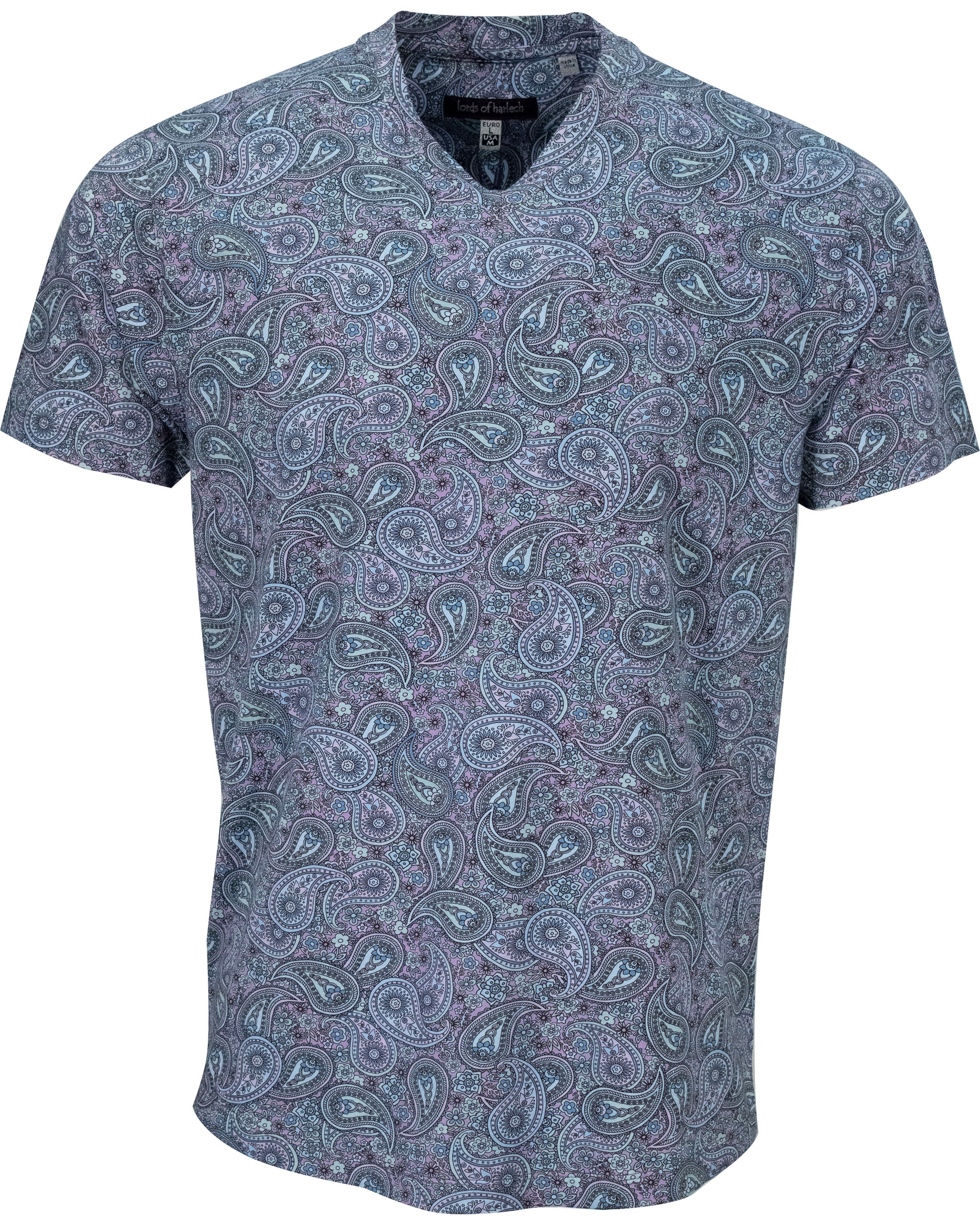 Lords Of Harlech Maze Trippy Paisley V-neck Tee In Blue/pink/purple