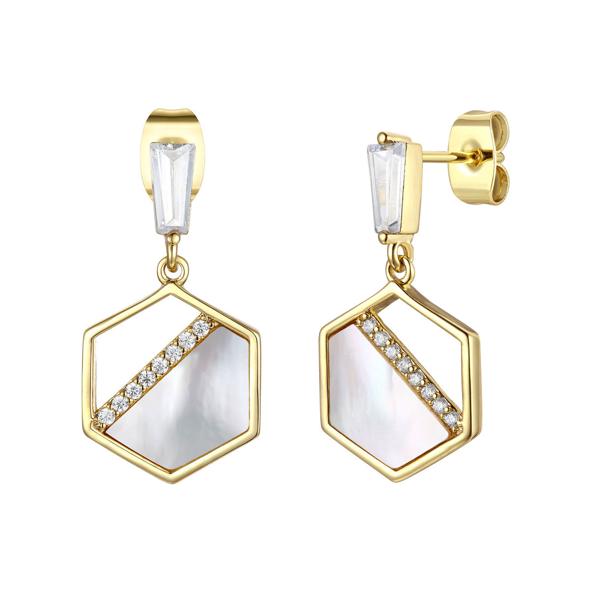 Women’s Gold / White Rachel Glauber Gold Plated Sterling Silver With Mother Of Pearl & Diamond Cubic Zirconia Hexagon Dangle Earrings Genevive Jewelry