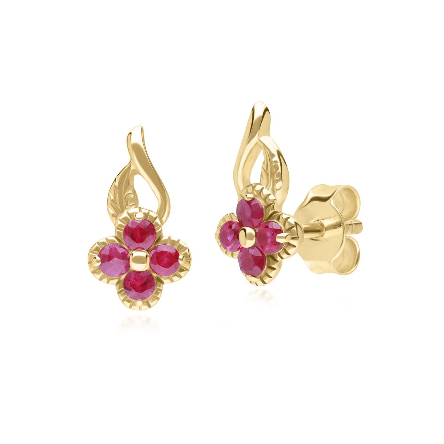 Women’s Gold / Red Floral Round Ruby Earrings In Yellow Gold Gemondo