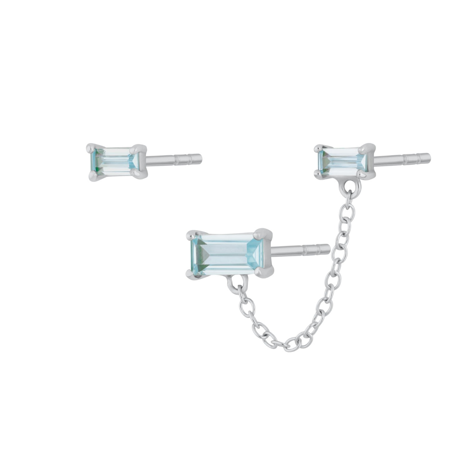 Women’s Blue / Silver Silver Aquamarine Chained Baguette Stud Earring Set Scream Pretty