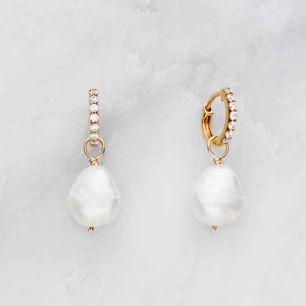 Lily & Roo Small Solid Gold Diamond Huggie Pearl Drop Earrings