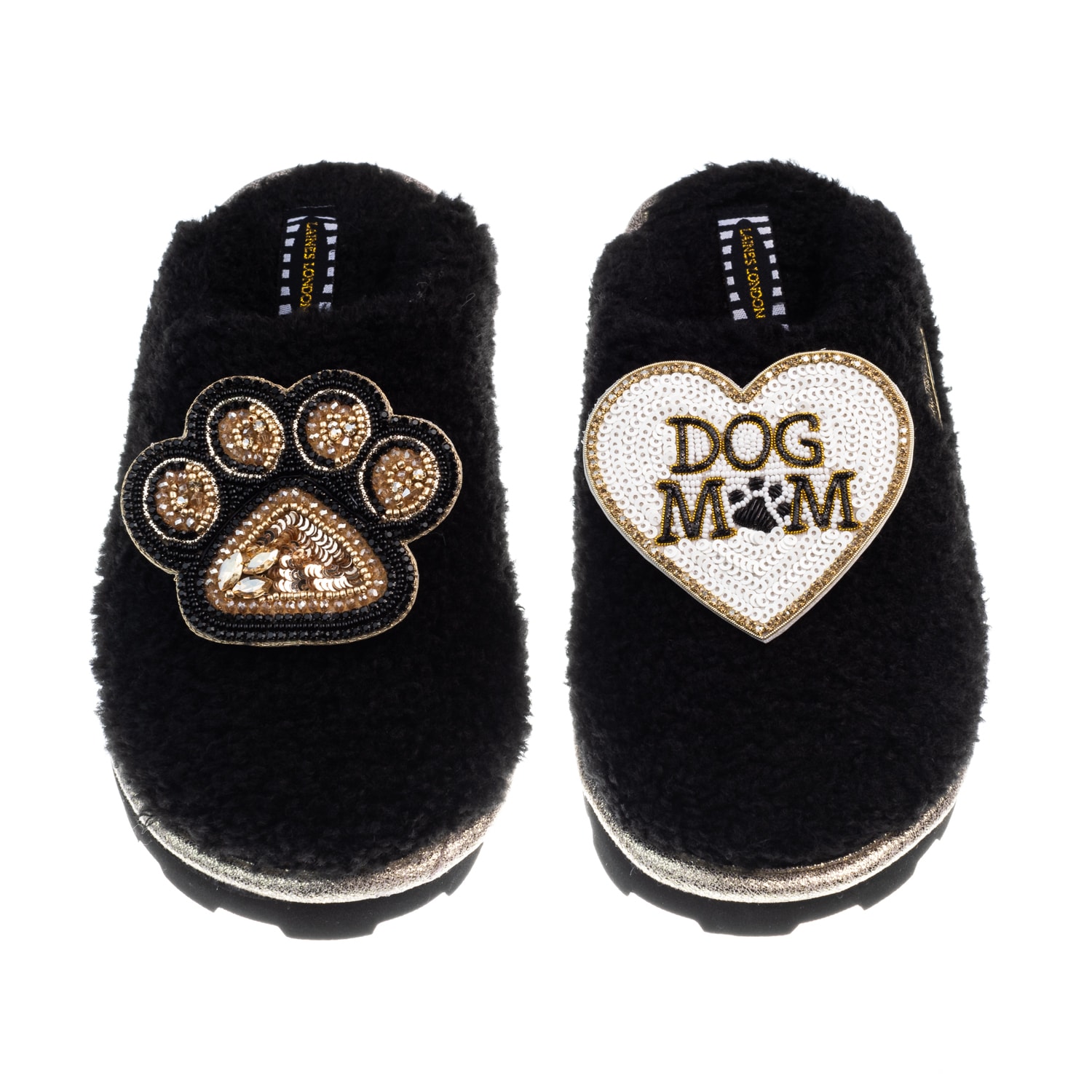 Laines London Women's Teddy Closed Toe Slippers With Dog Mum  / Mom & Paw Brooches - Black In Black