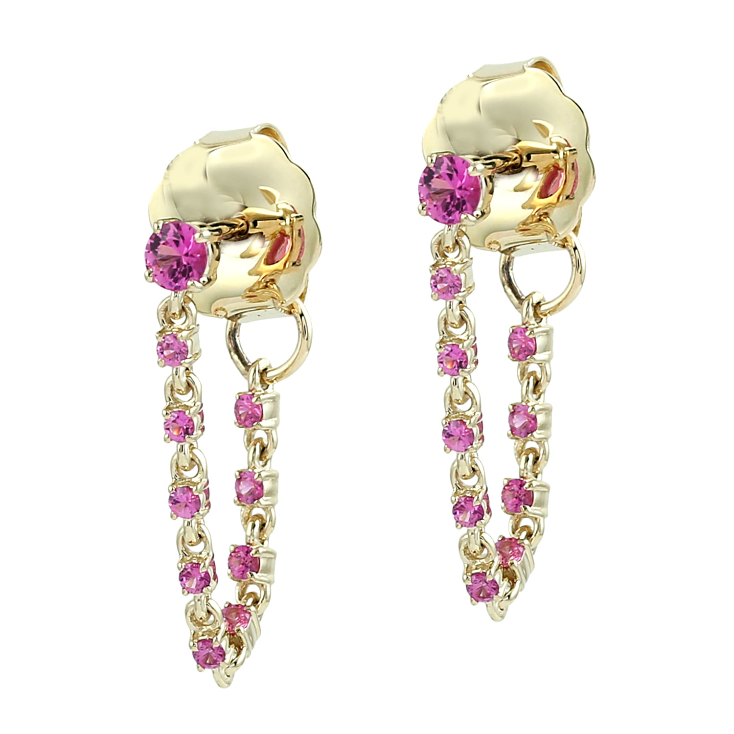 Artisan Women's Gold / Pink / Purple Natural Pink Sapphire Chain Ear Thread Earrings In Yellow Gold