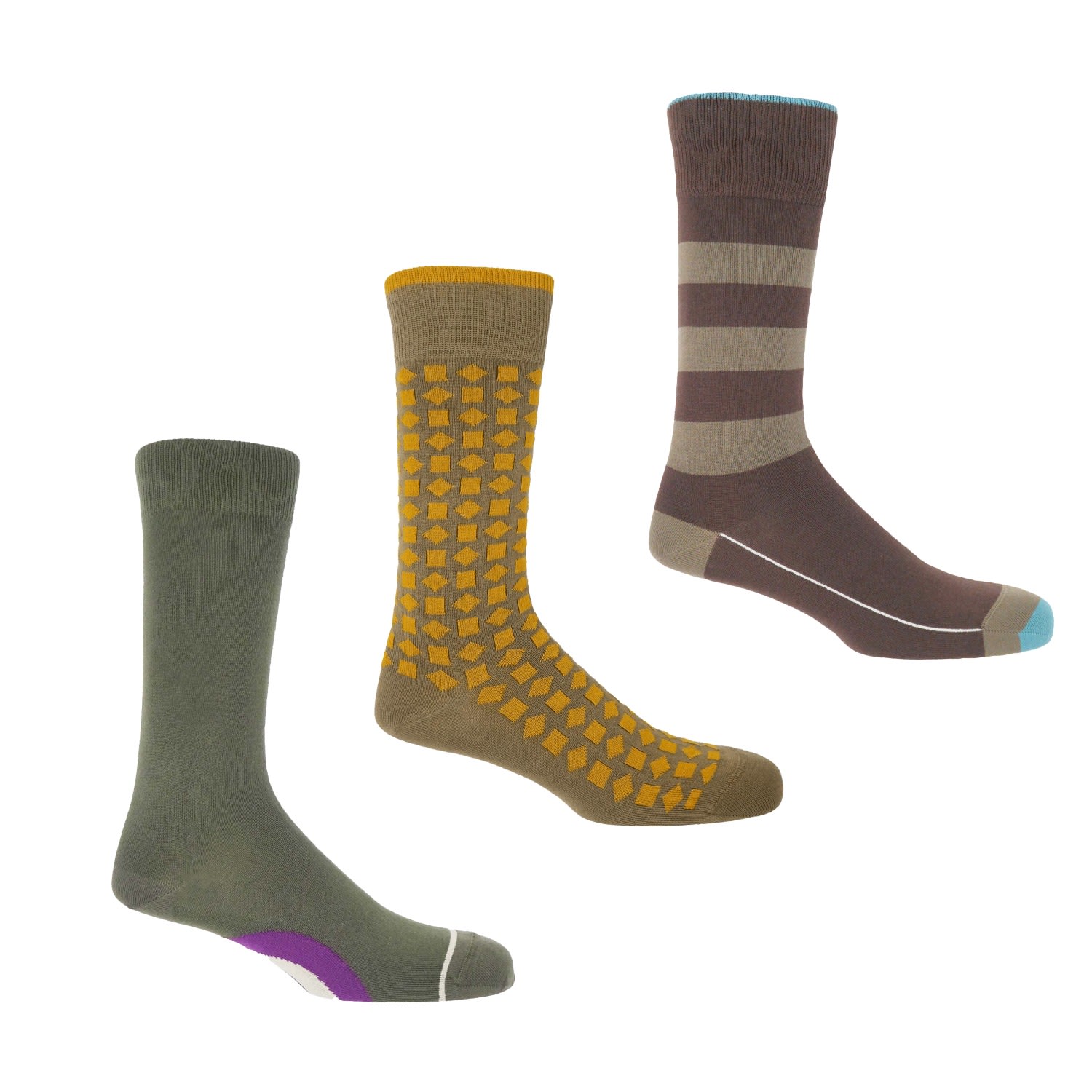 Peper Harow - Made In England Mens Assorted Patterned Socks Three Pair Set In Brown/green/yellow