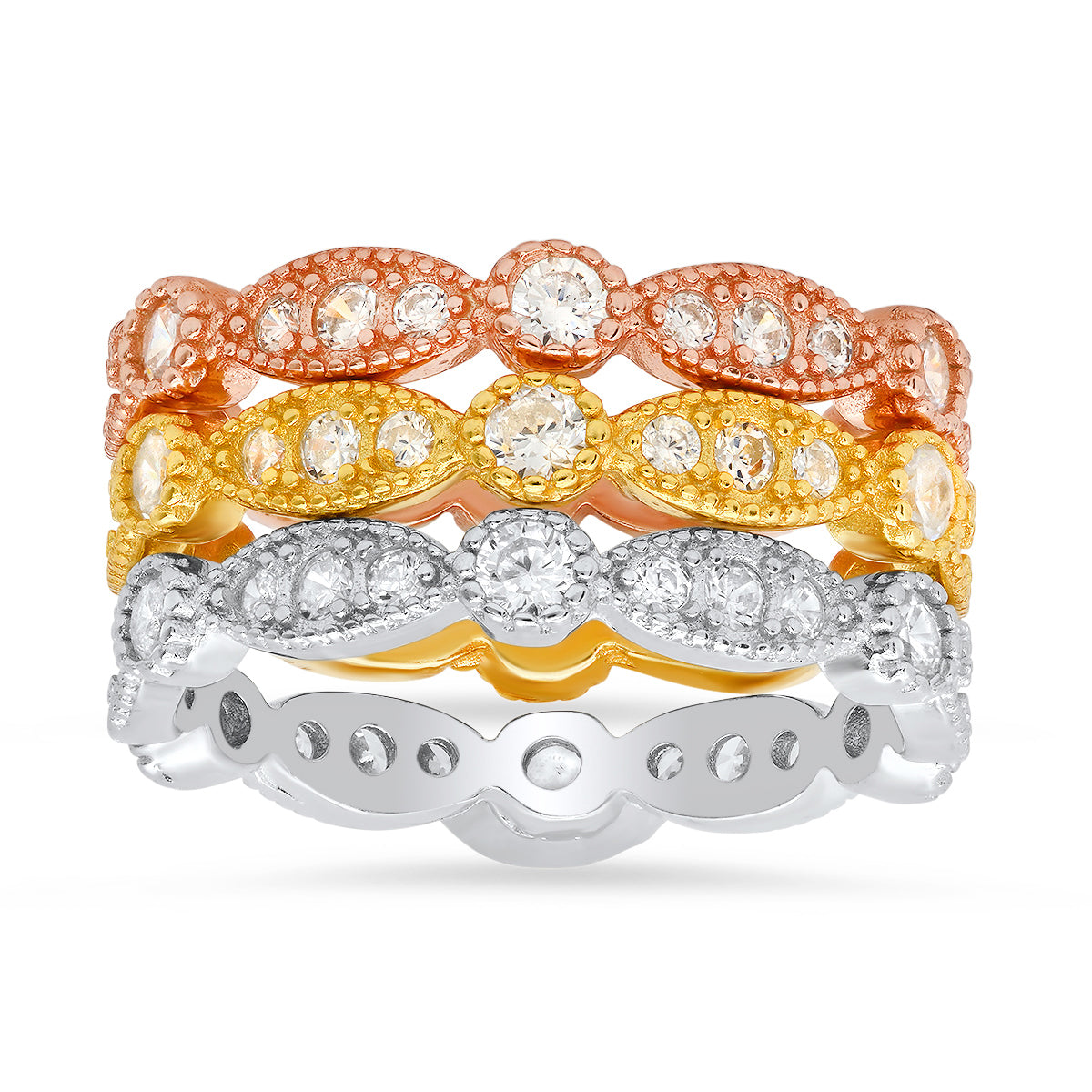 Women’s Tri Color Three Pc Stackable Diamond Cz Ring Set In Sterling Silver Kylie Harper