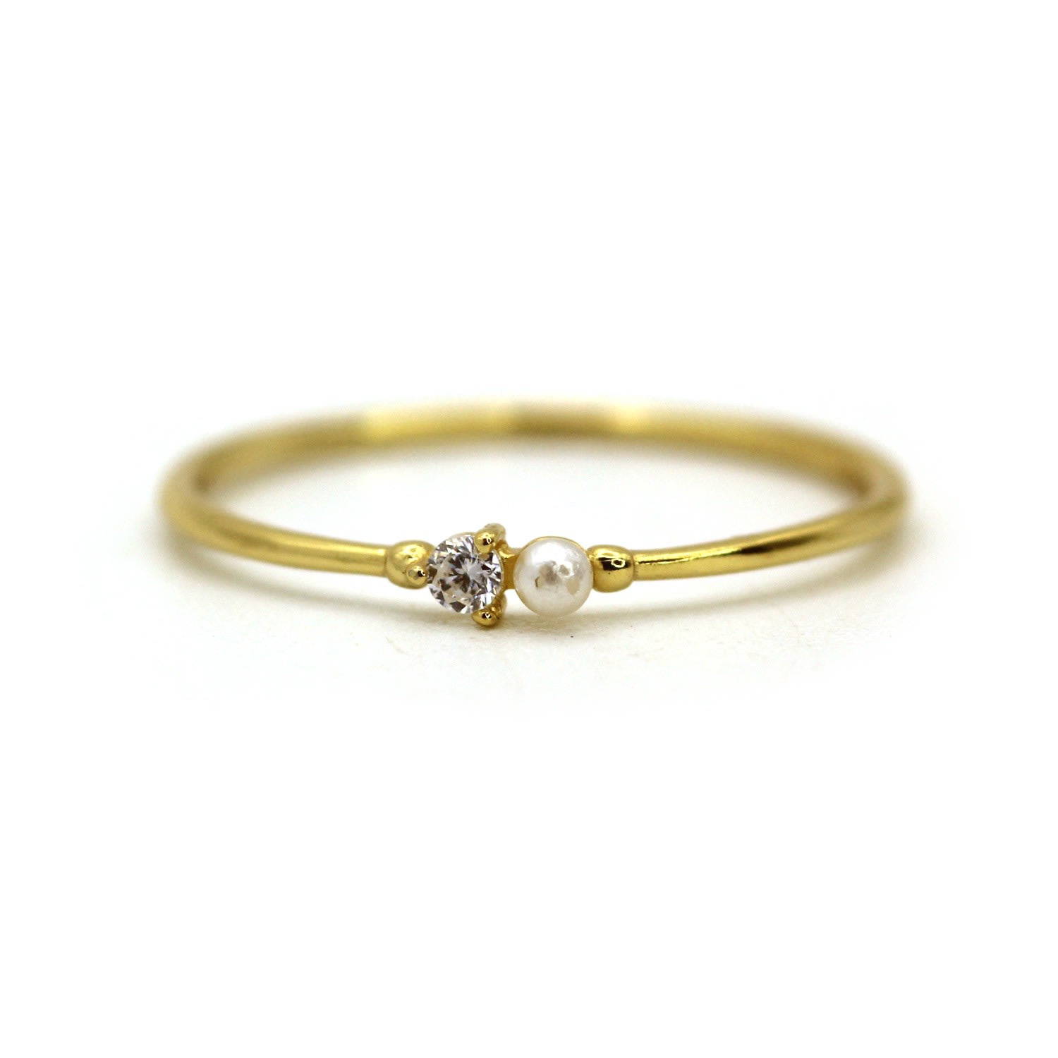 Women’s Natural Tiny Pearl And Diamond Yellow Gold Ring Vicstonenyc Fine Jewelry