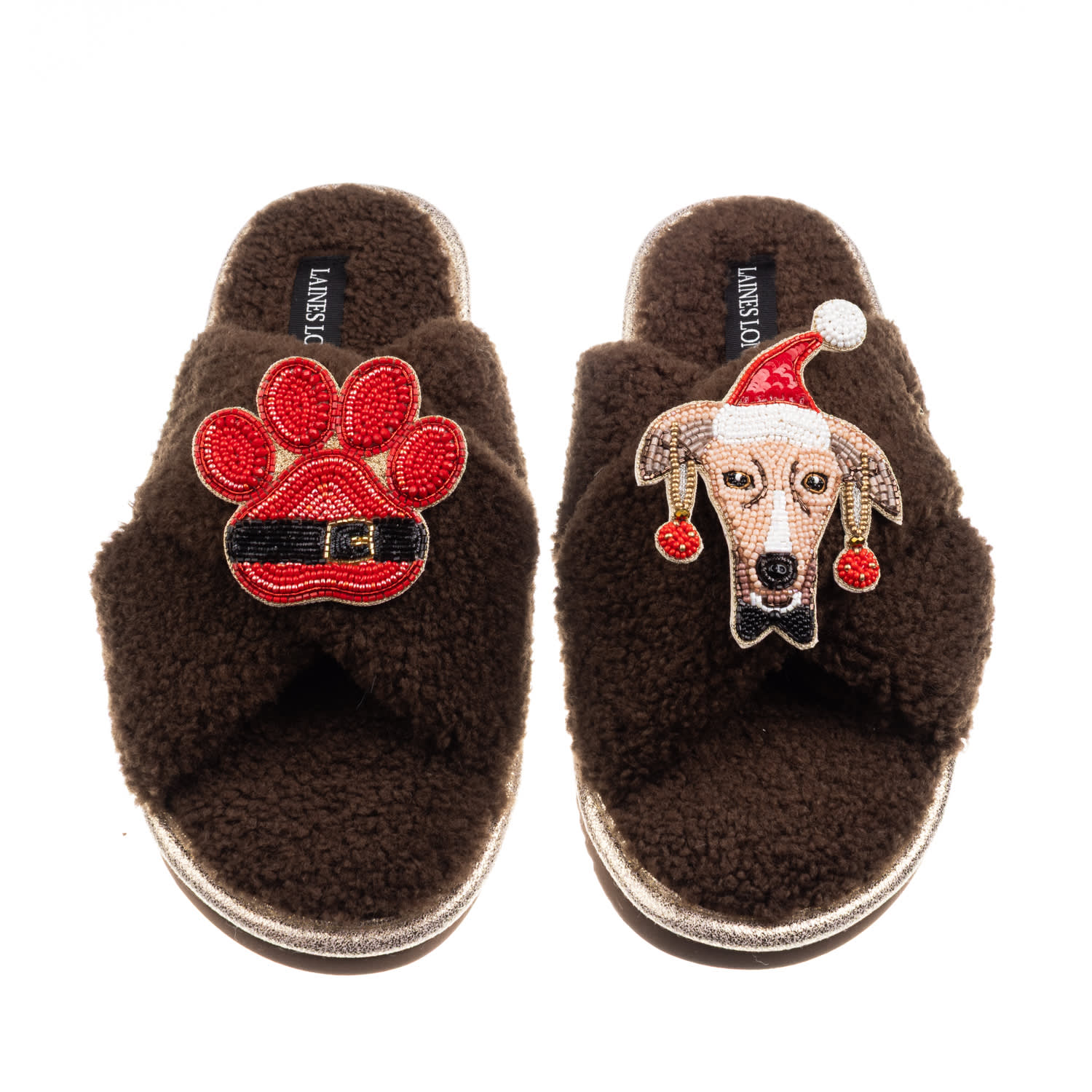 Laines London Women's Brown / Neutrals Laines Boucle Slippers With Christmas Greyhound & Paw Brooches - Chocolate In Brown