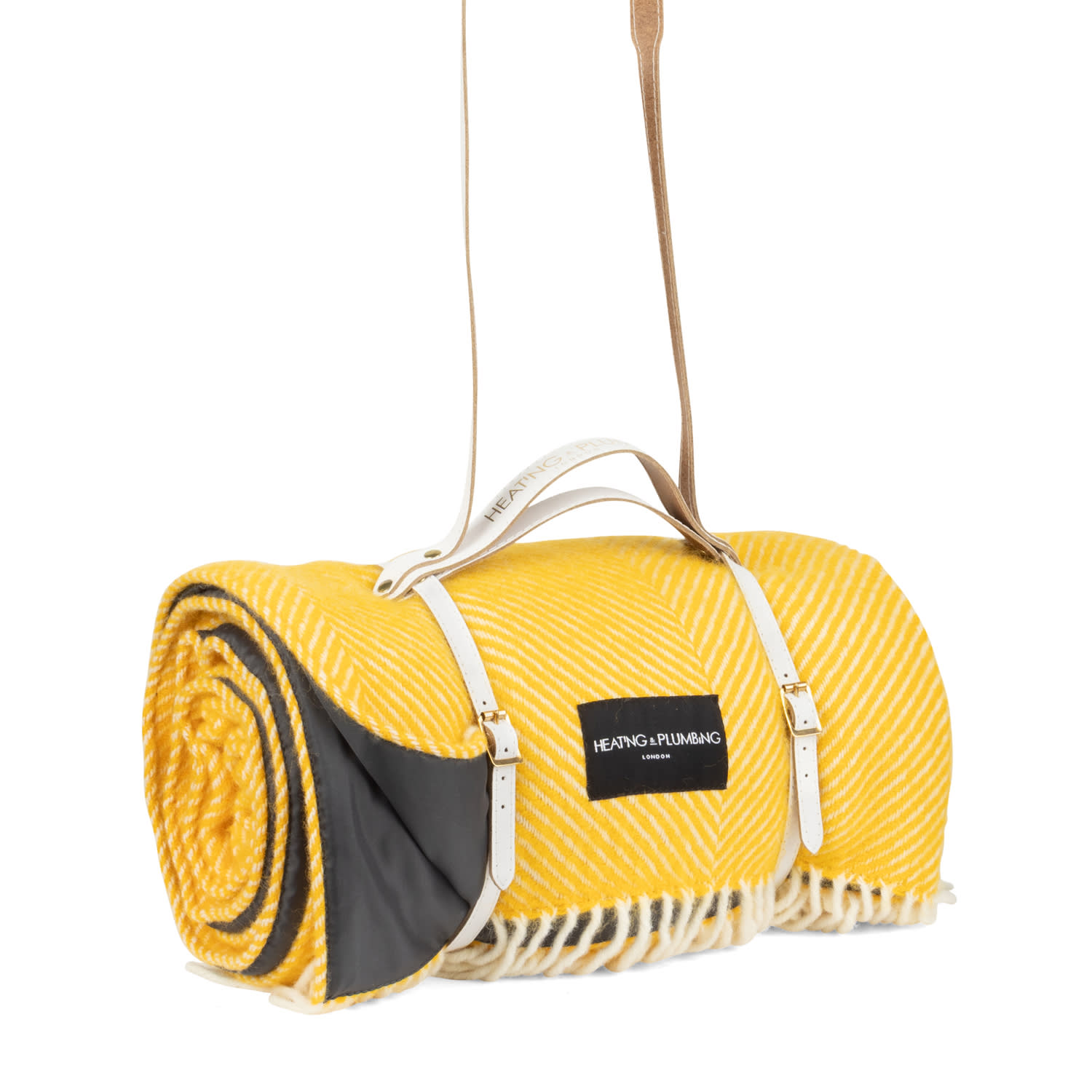 Heating & Plumbing London Yellow / Orange Pure New Wool Picnic Blanket - Somerset Dusk With Long White Leather Shoulder Strap