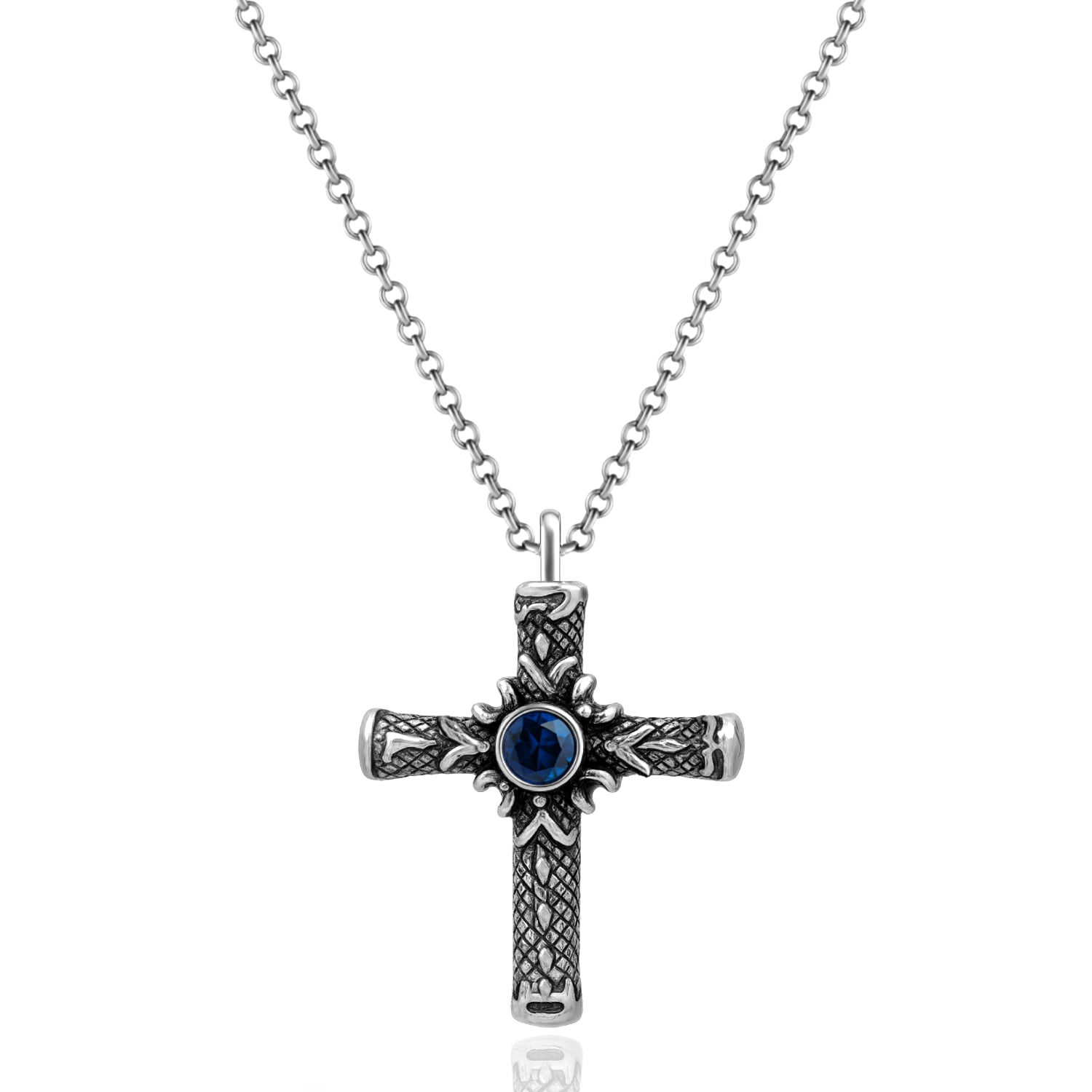 Unaloe Blue / Silver Sterling Silver Cross Necklace With Central Stone Sapphire – Jewelry For Men And Women In Multi