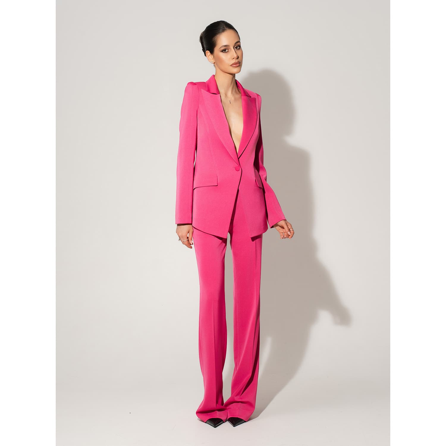 pink dress suit Handmade Men Suits Stylish One Button Designer Grooms Wedding Dinner CoatPants Set the tone in the Monet Hot Pink Power Suitbold collar Monet Hot Pink Power Suit,