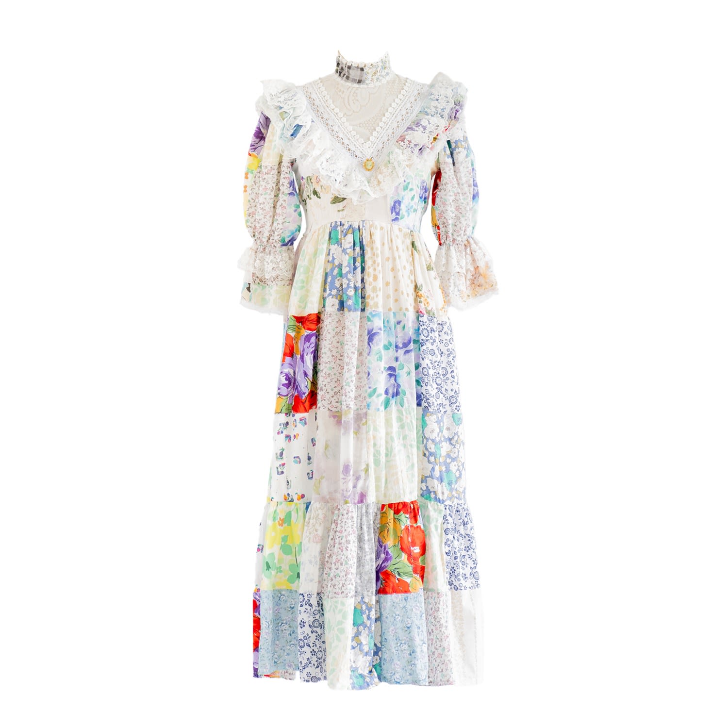 Sugar Cream Vintage Women's Re-design Upcycled Abstract Patch Pattern Frilled Maxi Dress In White