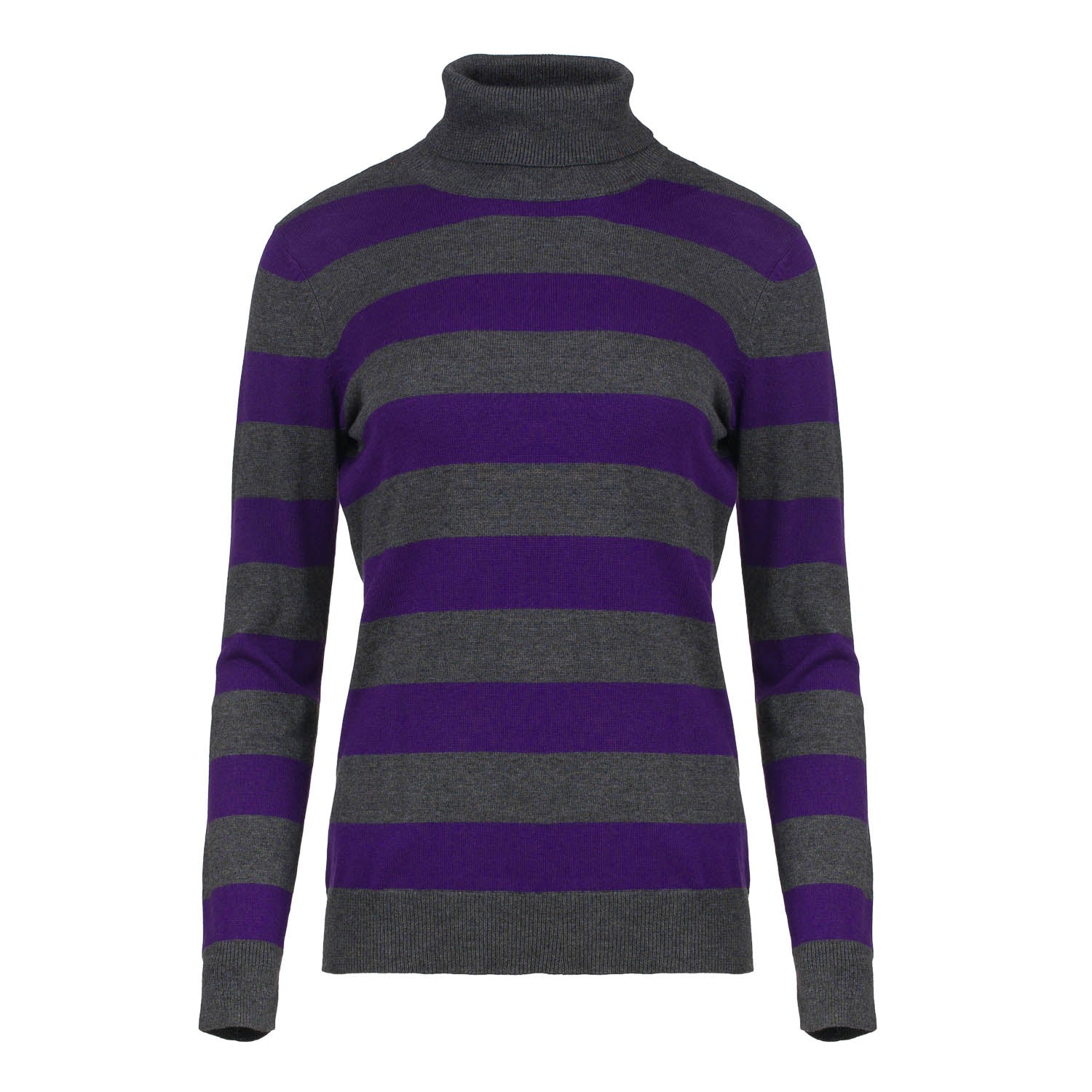 Women’s Grey Fitted Long Sleeve Striped Knit Polo Neck Jumper Small Conquista