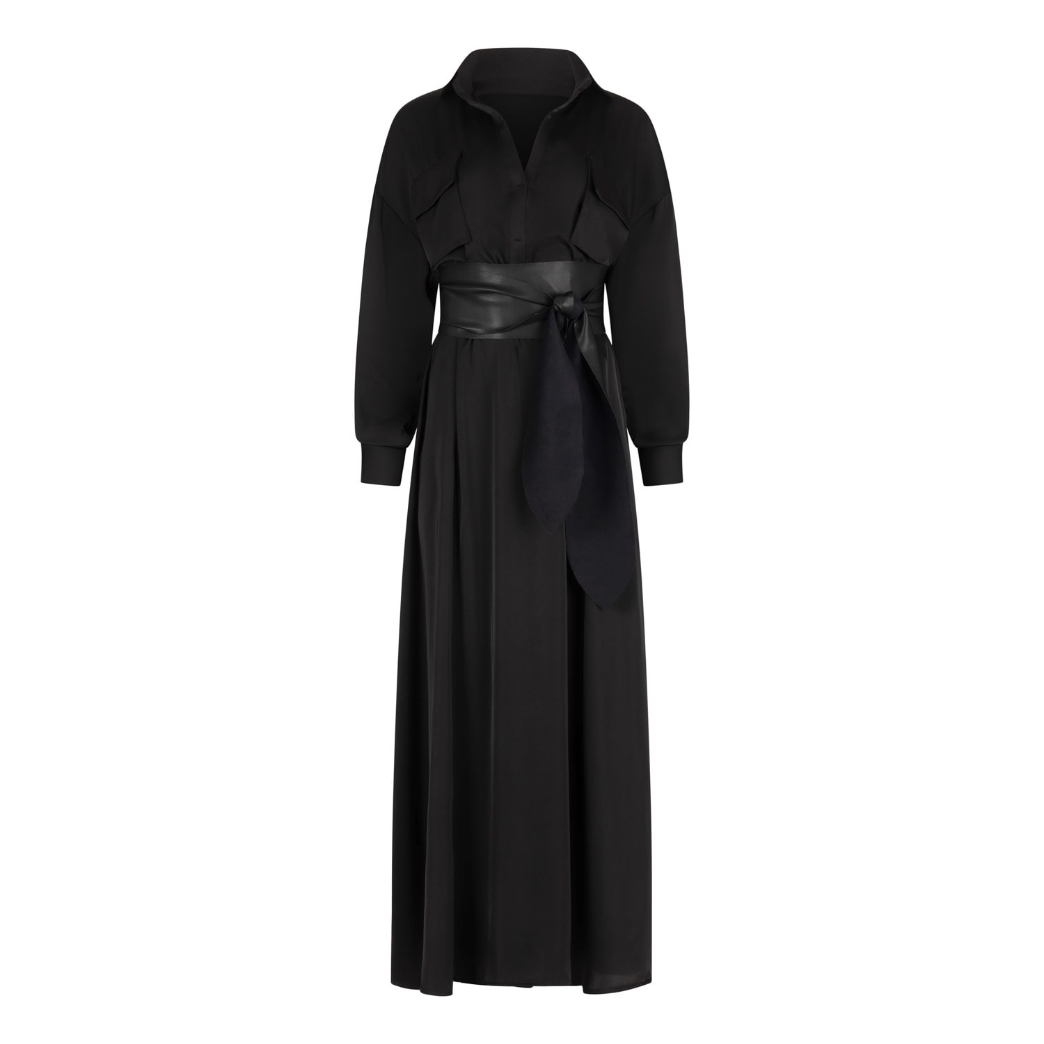 Clothes By Locker Room Women's Elegant Maxi Black Shirt Dress With Vegan Leather Belt In Black