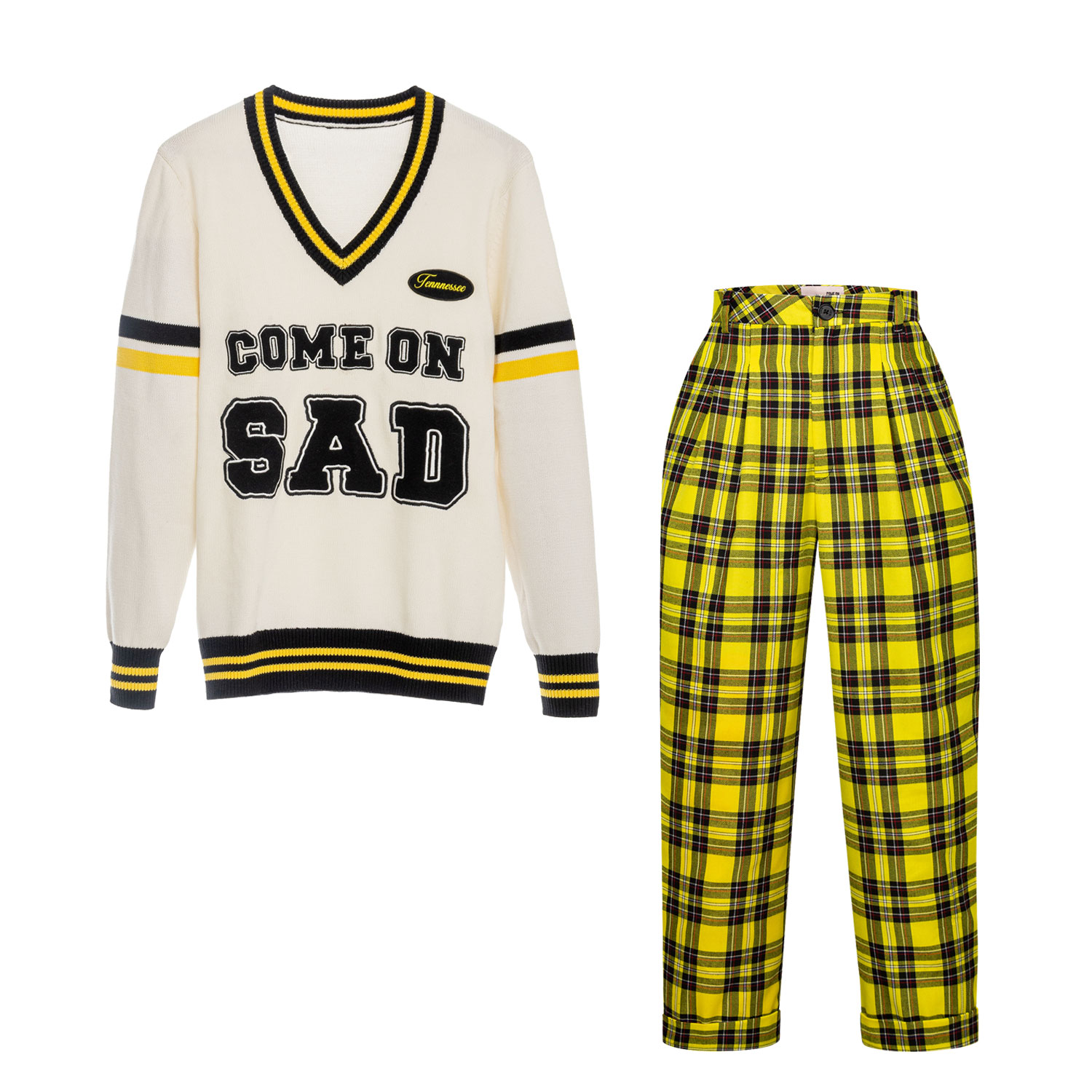 Come On Yellow / White / Black Suit Sad Sweater With Yellow Tartan Trousers In Multi