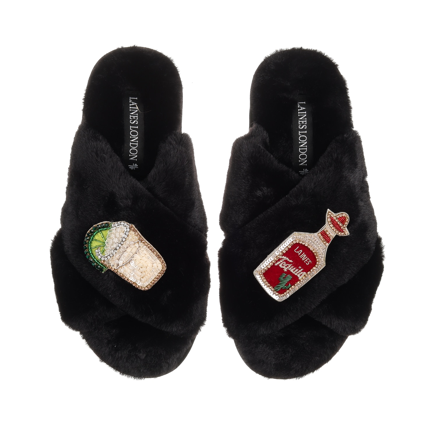 Laines London Women's Classic Laines Slippers With Tequila Slammer Brooches - Black