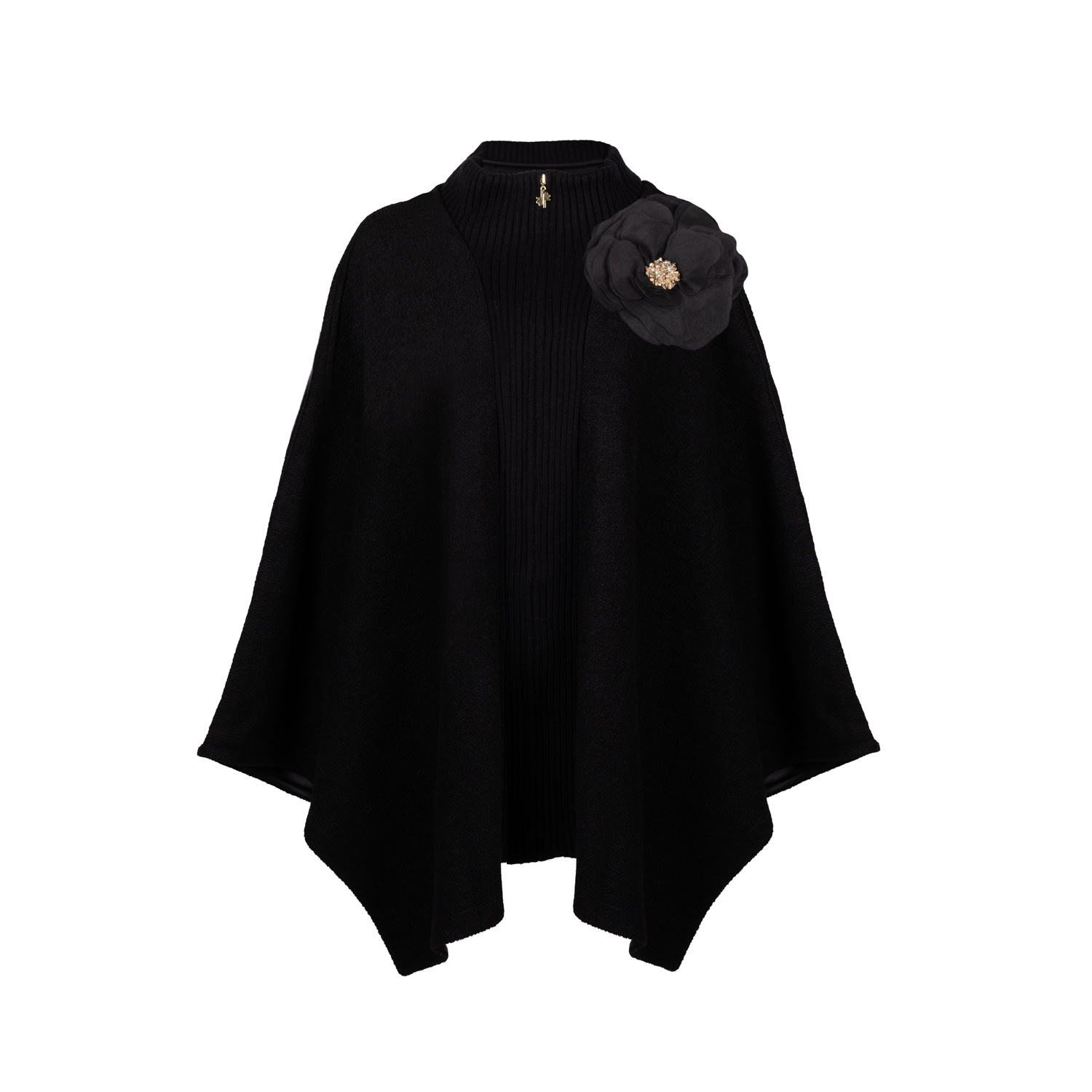 Laines London Women's Black / Gold Laines Couture Wool Blend Zip Cape With Embellished Black Corsage - Black In Black/gold