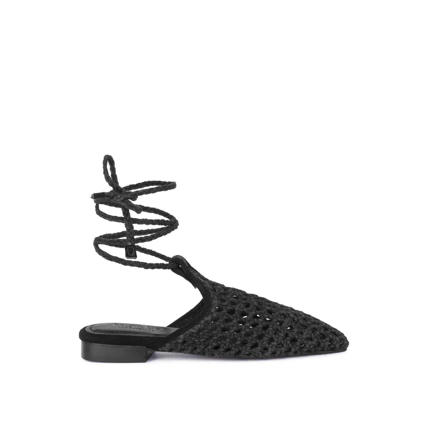 Rag & Co Tutsi Black Handwoven Honeycomb Cotton Tie Up Mule Flats In Black