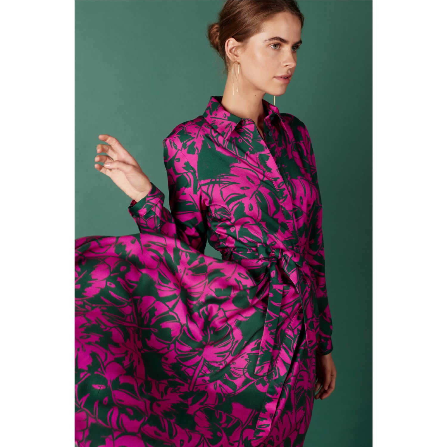 Avia Floral Printed Pink Green Midi Shirt Dress Undress Wolf Badger