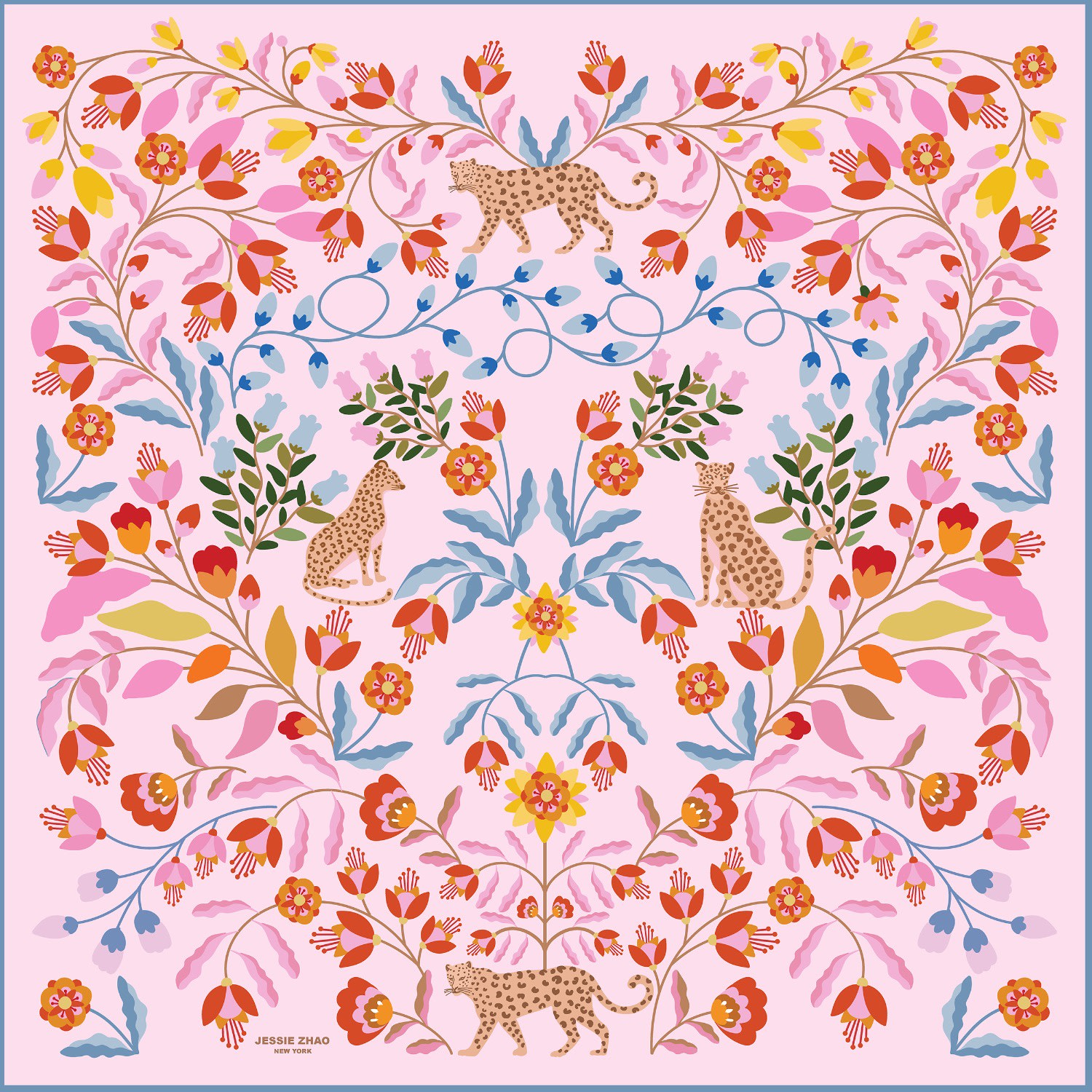 Jessie Zhao New York Women's Pink / Blue Double Sided Silk Scarf Of Pink Blossom Jungle In Multi