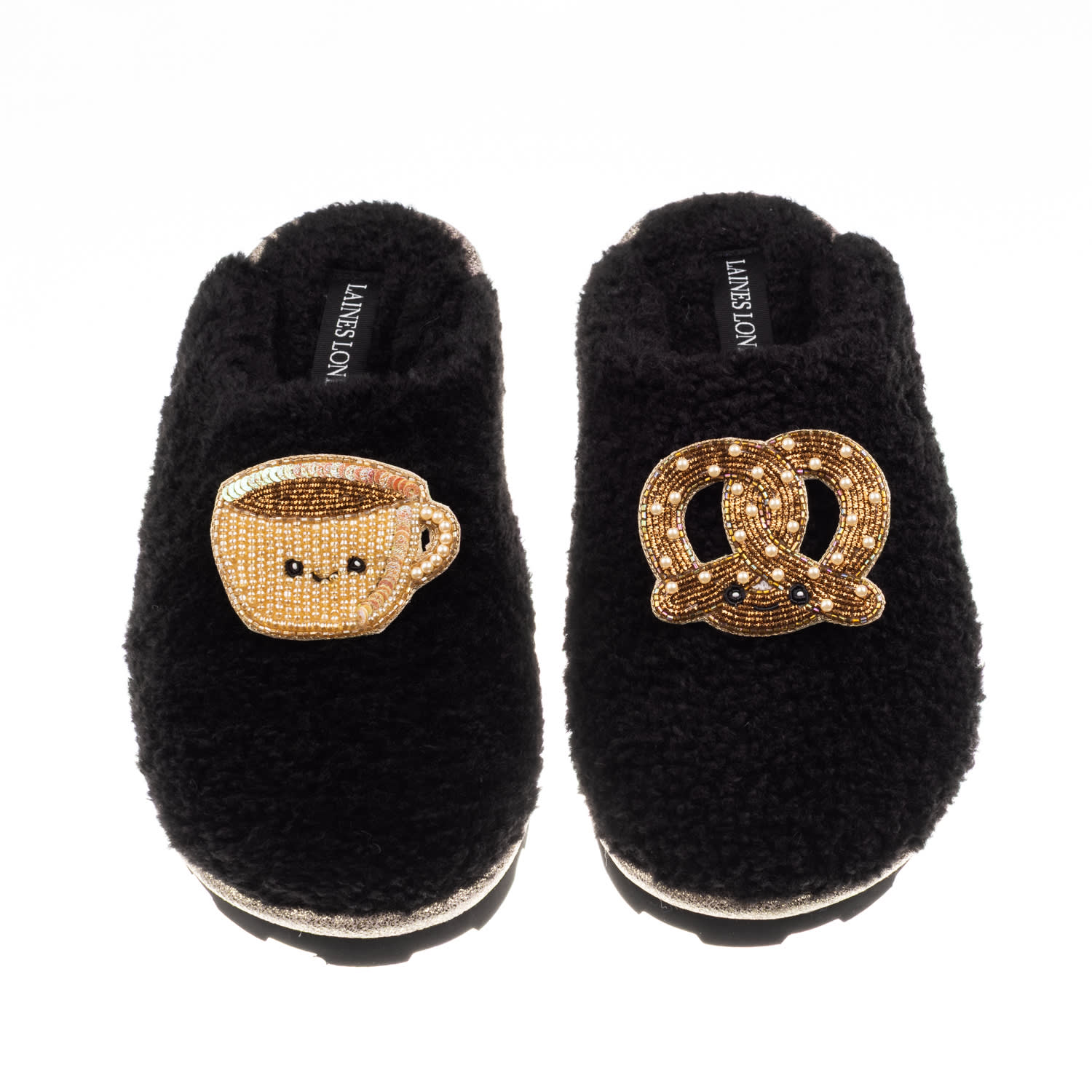 Laines London Women's Teddy Closed Toe Slippers With Laines Lovables Hot Chocolate & Pretzel Brooches - Black In Black