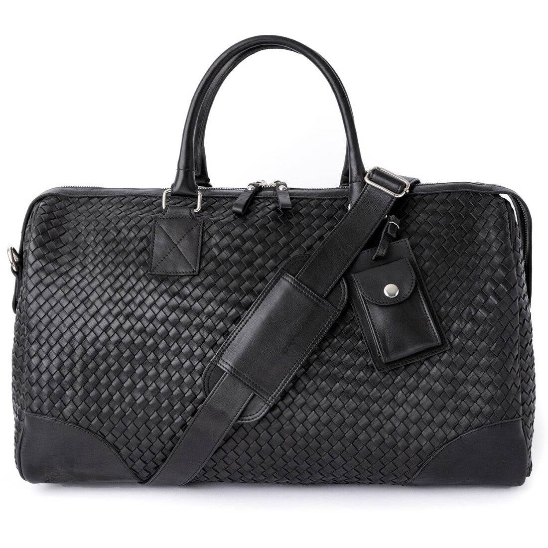 Hides Leather Co. Men's Black Handmade Woven Leather Duffle, Large Weekender Bag