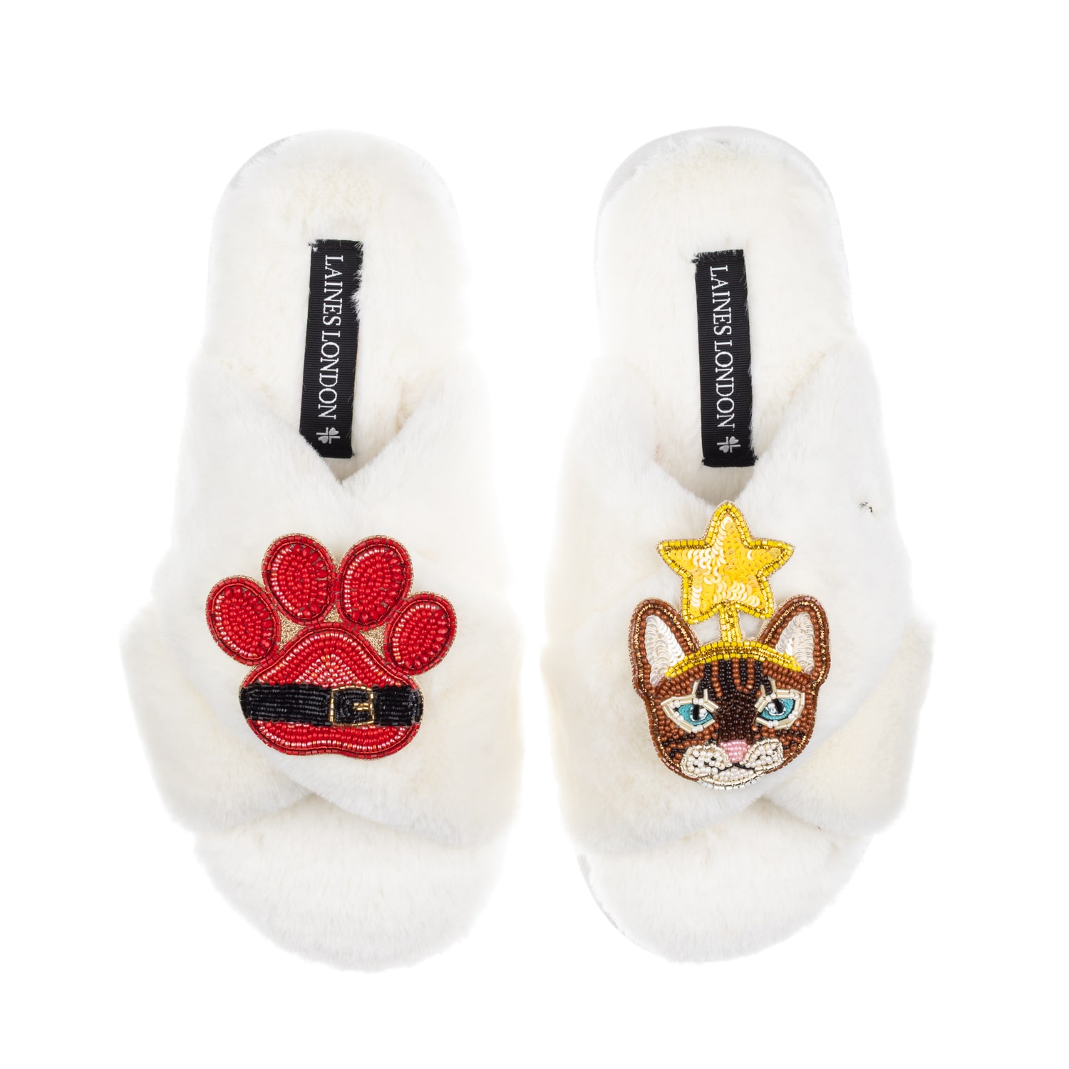 Laines London Women's Neutrals / White Classic Slippers With Christmas Brown/orange Tabby Cat & Paw Brooches - Cre In White